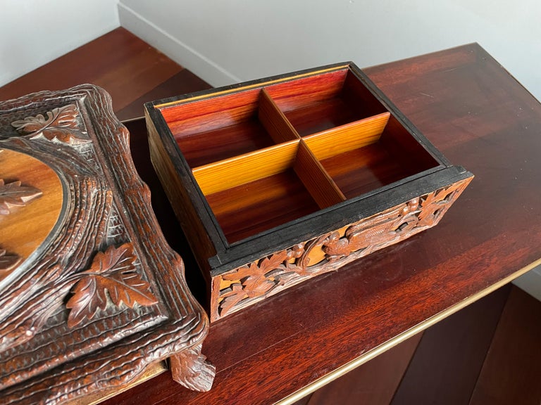Stunning Antique Hand Carved Nutwood Black Forest Box with Secret Lock Mechanism For Sale 9