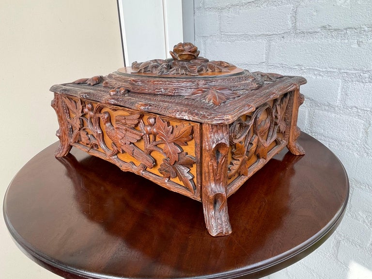 Swiss Stunning Antique Hand Carved Nutwood Black Forest Box with Secret Lock Mechanism For Sale