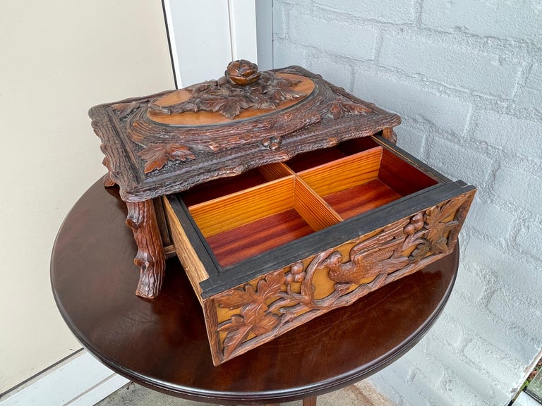 Stunning Antique Hand Carved Nutwood Black Forest Box with Secret Lock Mechanism In Excellent Condition For Sale In Lisse, NL
