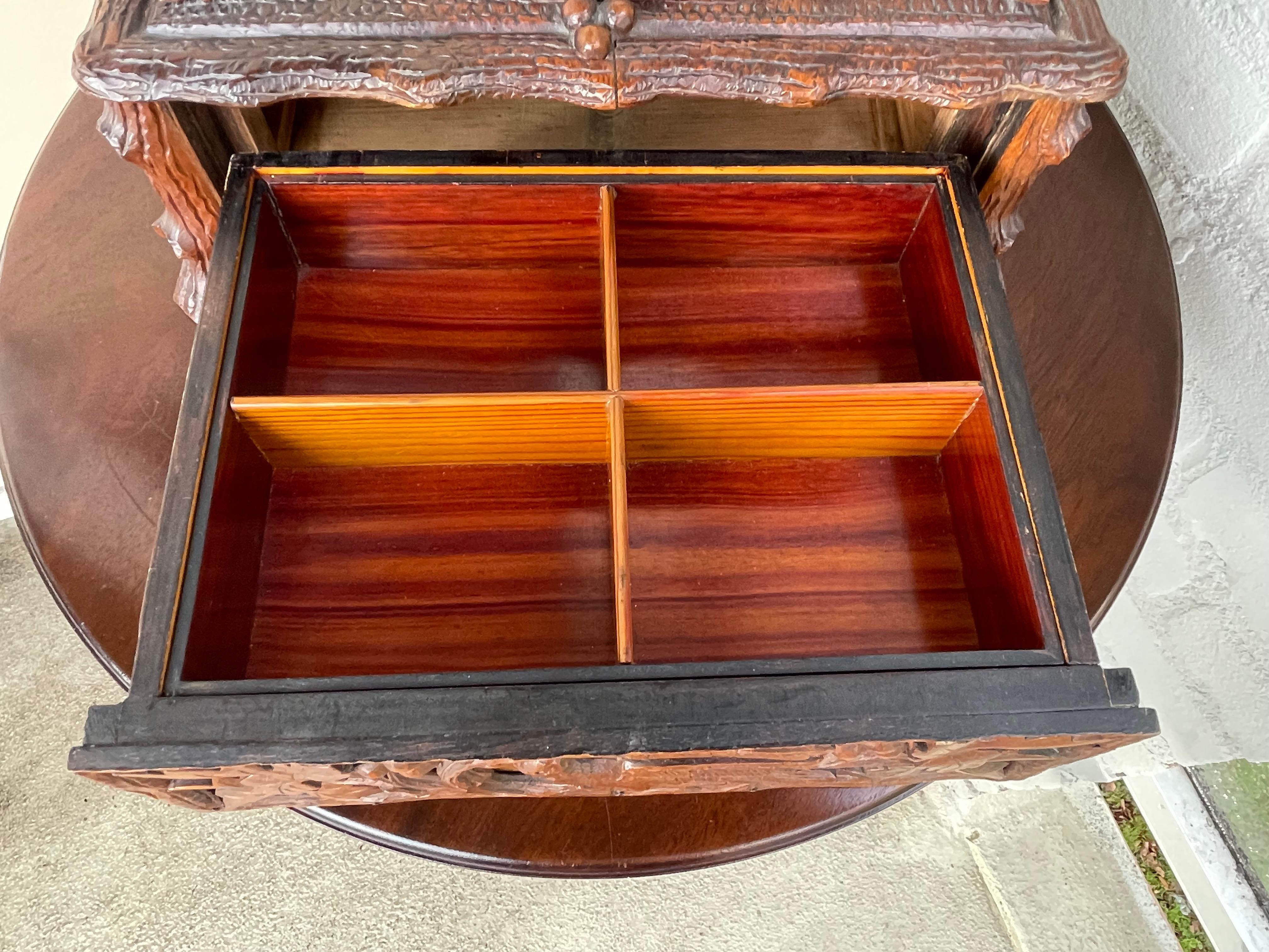 Hand-Carved Stunning Antique Hand Carved Nutwood Black Forest Box with Secret Lock Mechanism