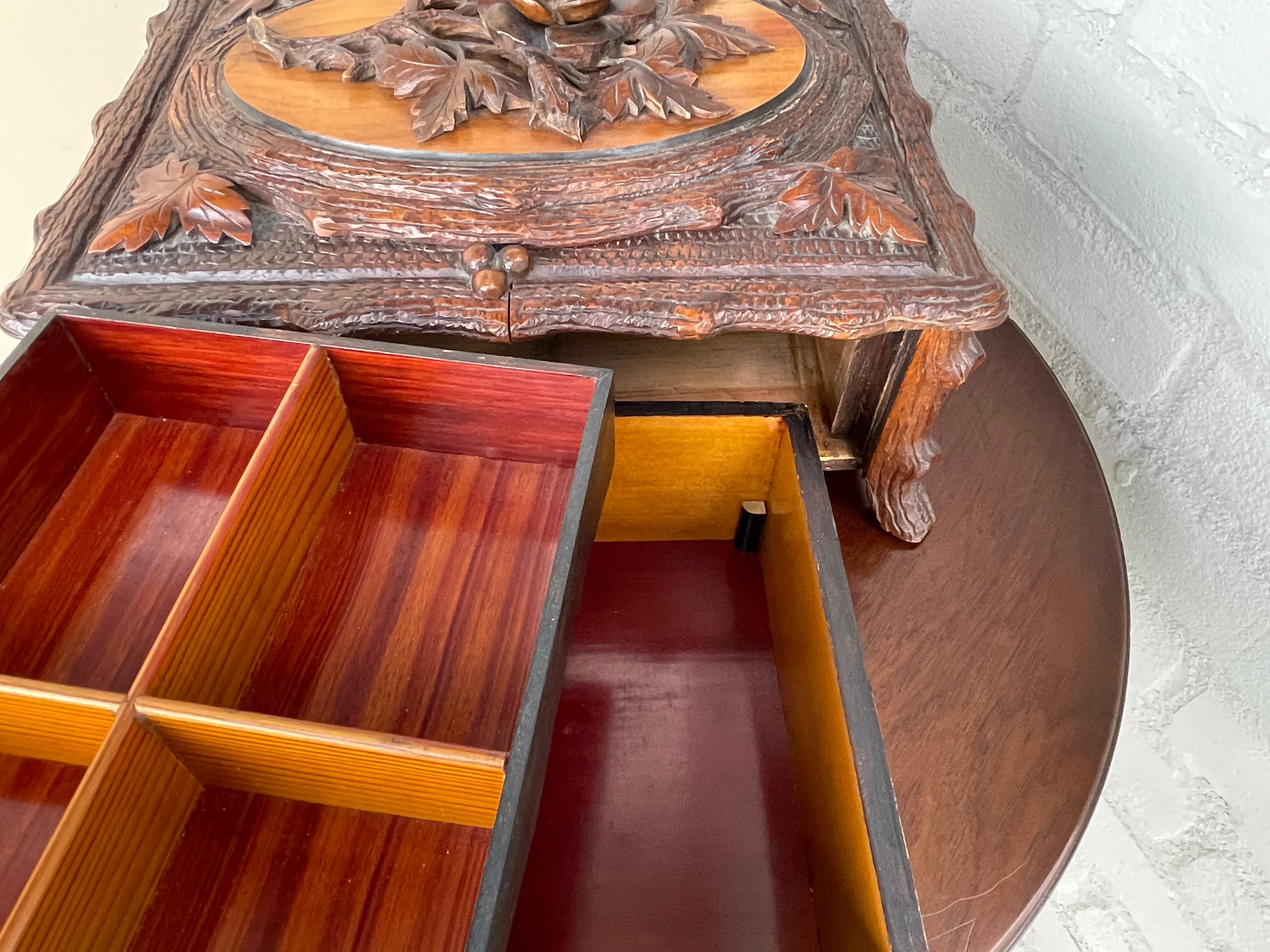 Stunning Antique Hand Carved Nutwood Black Forest Box with Secret Lock Mechanism In Excellent Condition In Lisse, NL