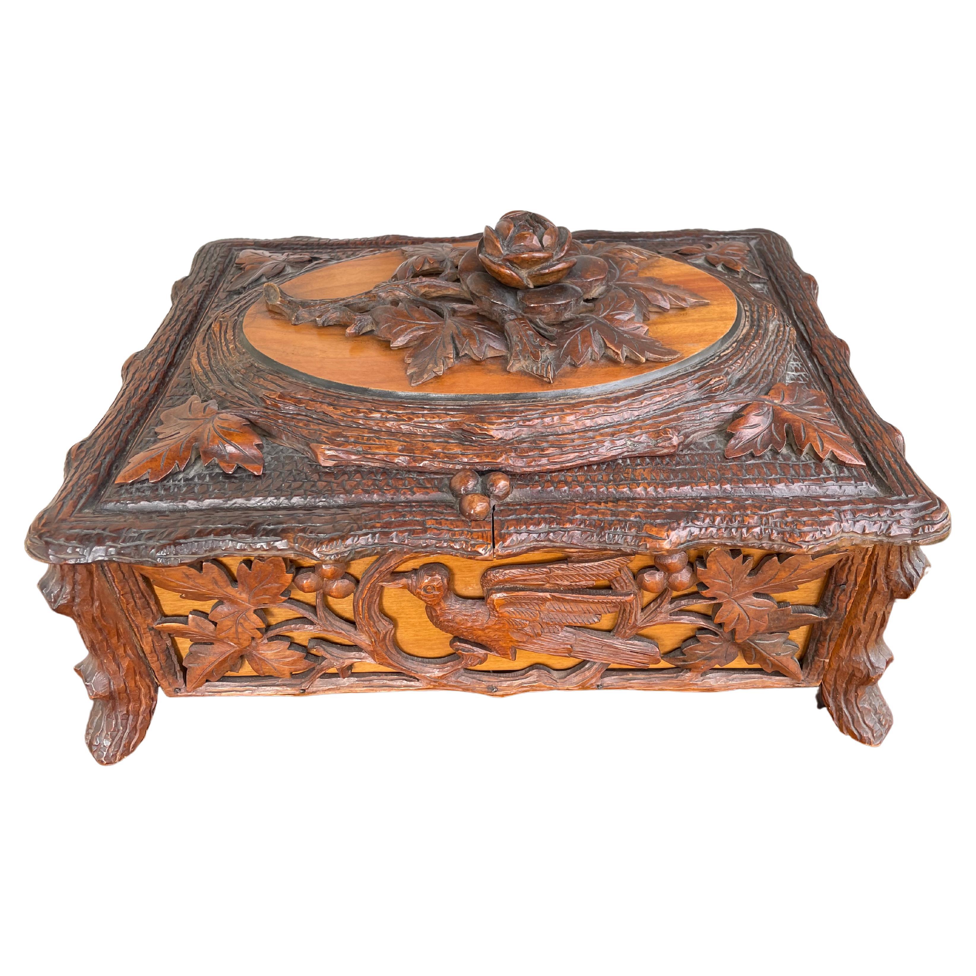 Stunning Antique Hand Carved Nutwood Black Forest Box with Secret Lock Mechanism