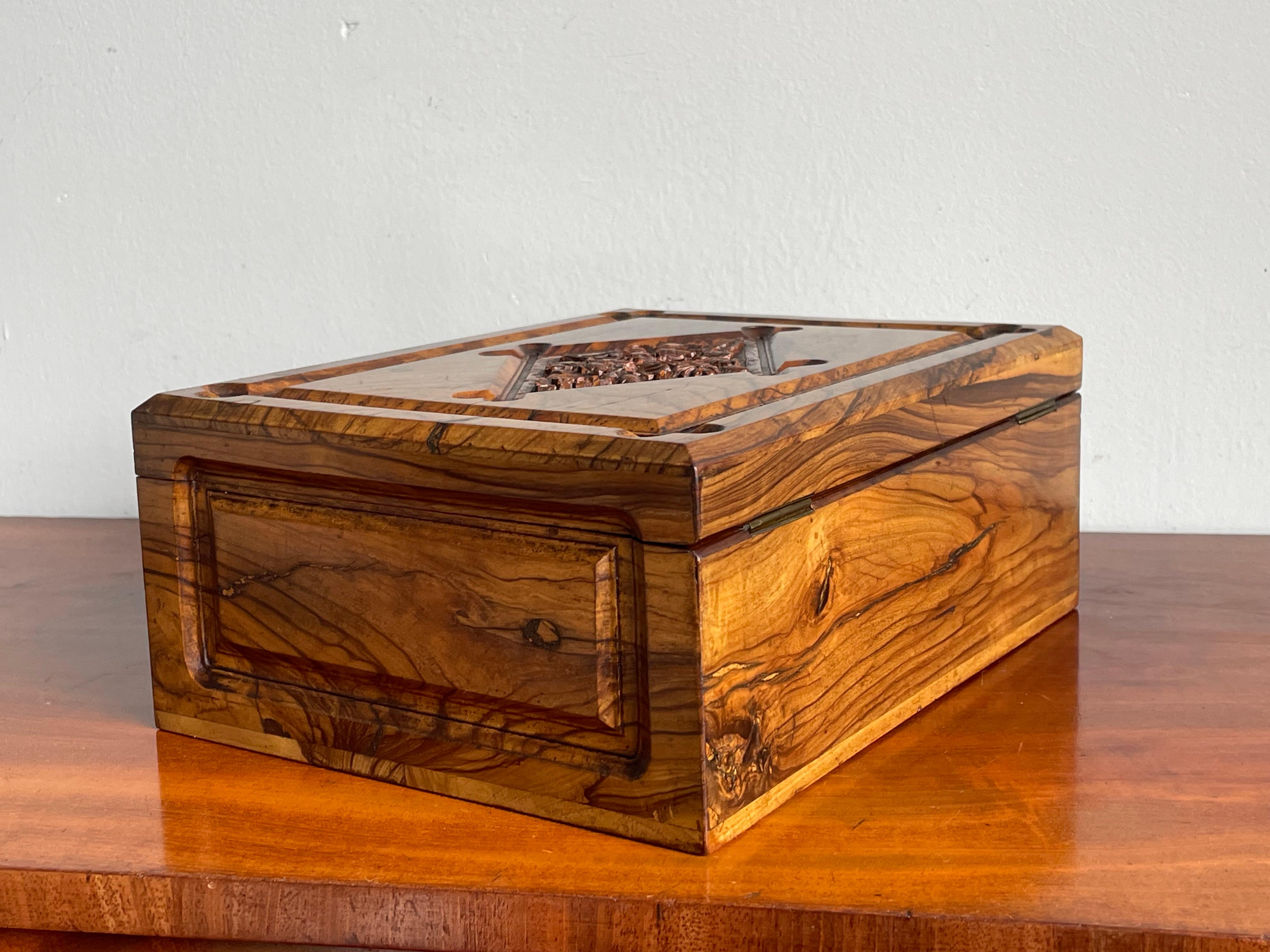 Silk Stunning Antique Hand Carved Olive Wood Jewelry Box w Great Patina & Hebrew Text For Sale