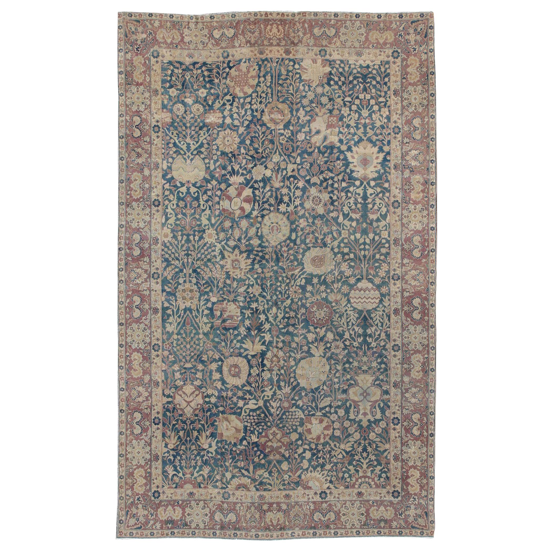 Stunning Antique Indian Agra 19th Century Vase Carpet in Teal Background For Sale