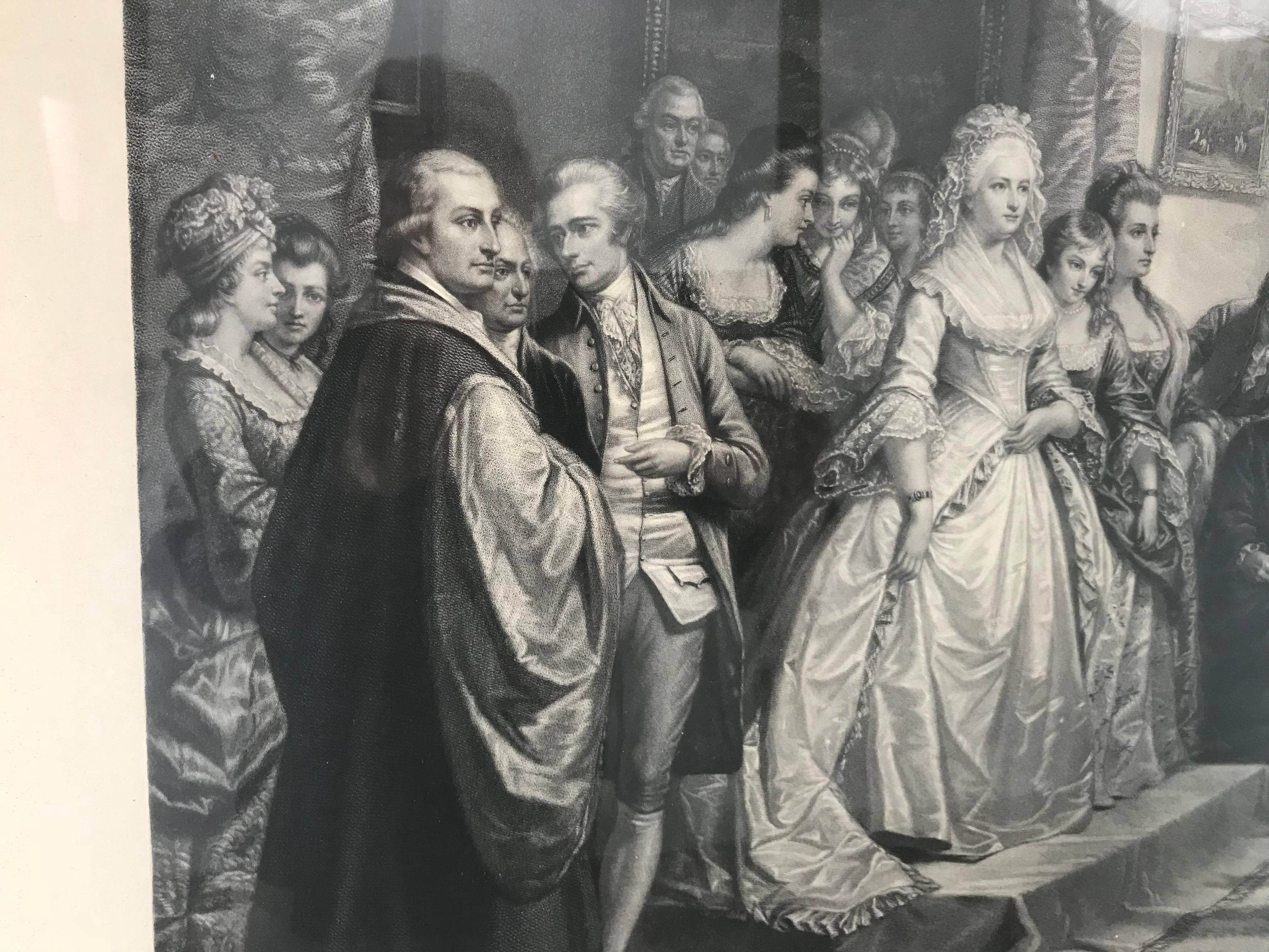 In its original gold gilt frame, shown in this print are all the prominent people of the founding generation of American in one location and accurately pictured. The picture is a composite of the reception Mrs. Washington's held and is designed to