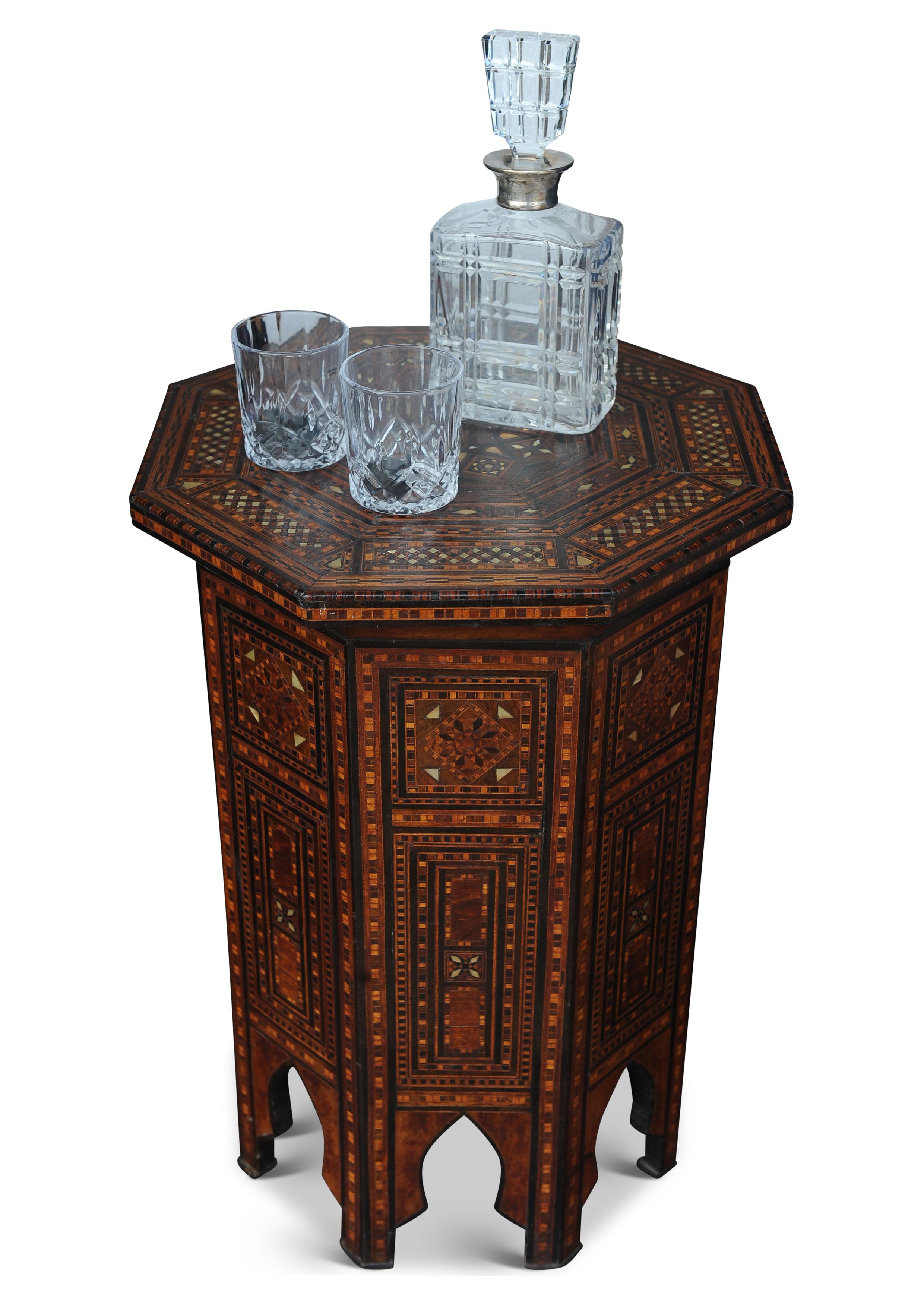 Stunning Antique Early 20th Century Moorish Syrian Octagonal Parquetry Table Circa 1900
A Well Executed Example With Beautiful Repetitive Mosaic Inlay Throughout, Featuring  Oyster Shell and Wood Tesserae.
Ideal for use as a side table, tea table or