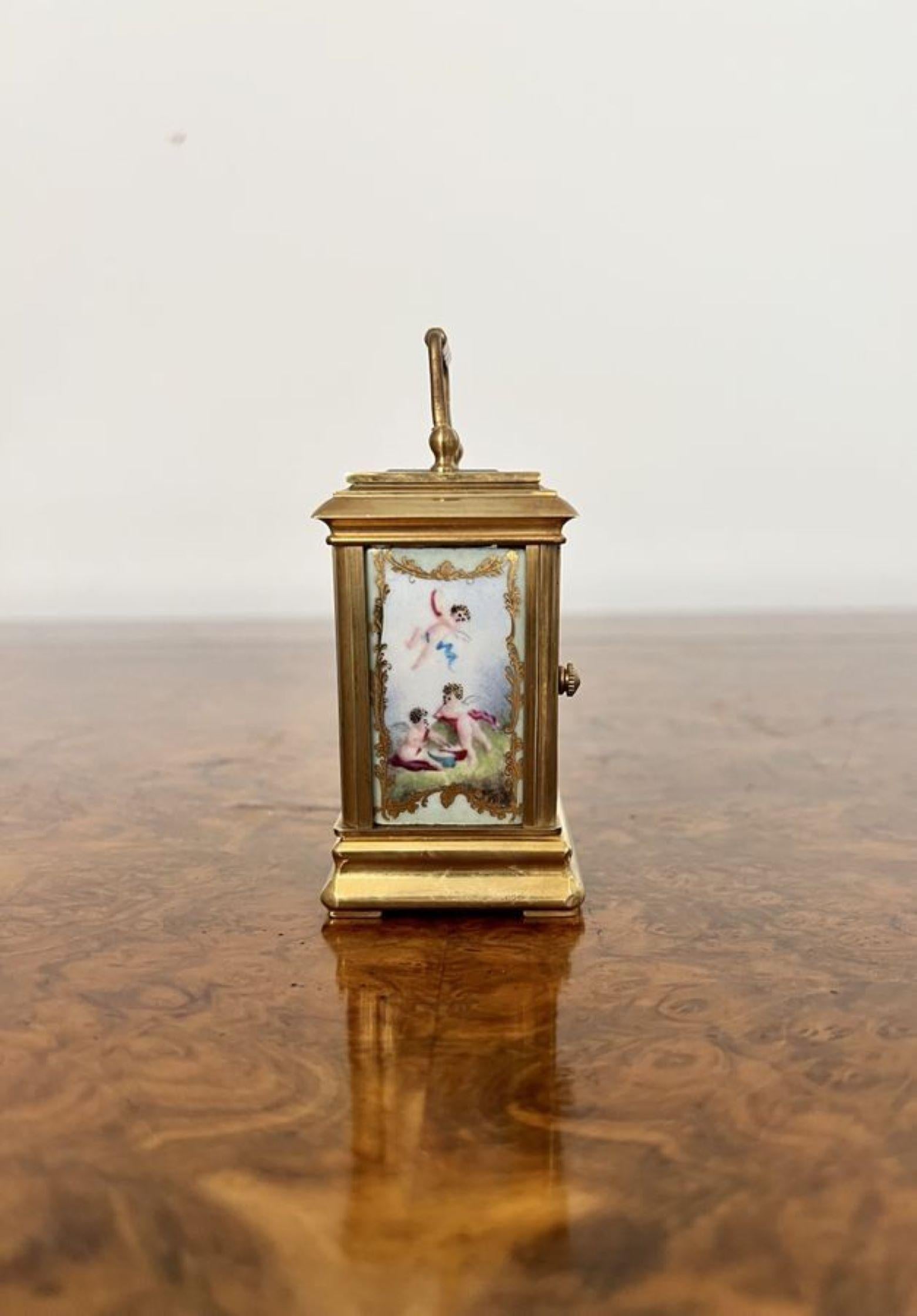 Stunning antique miniature quality brass carriage clock with hand painted porcel In Good Condition For Sale In Ipswich, GB