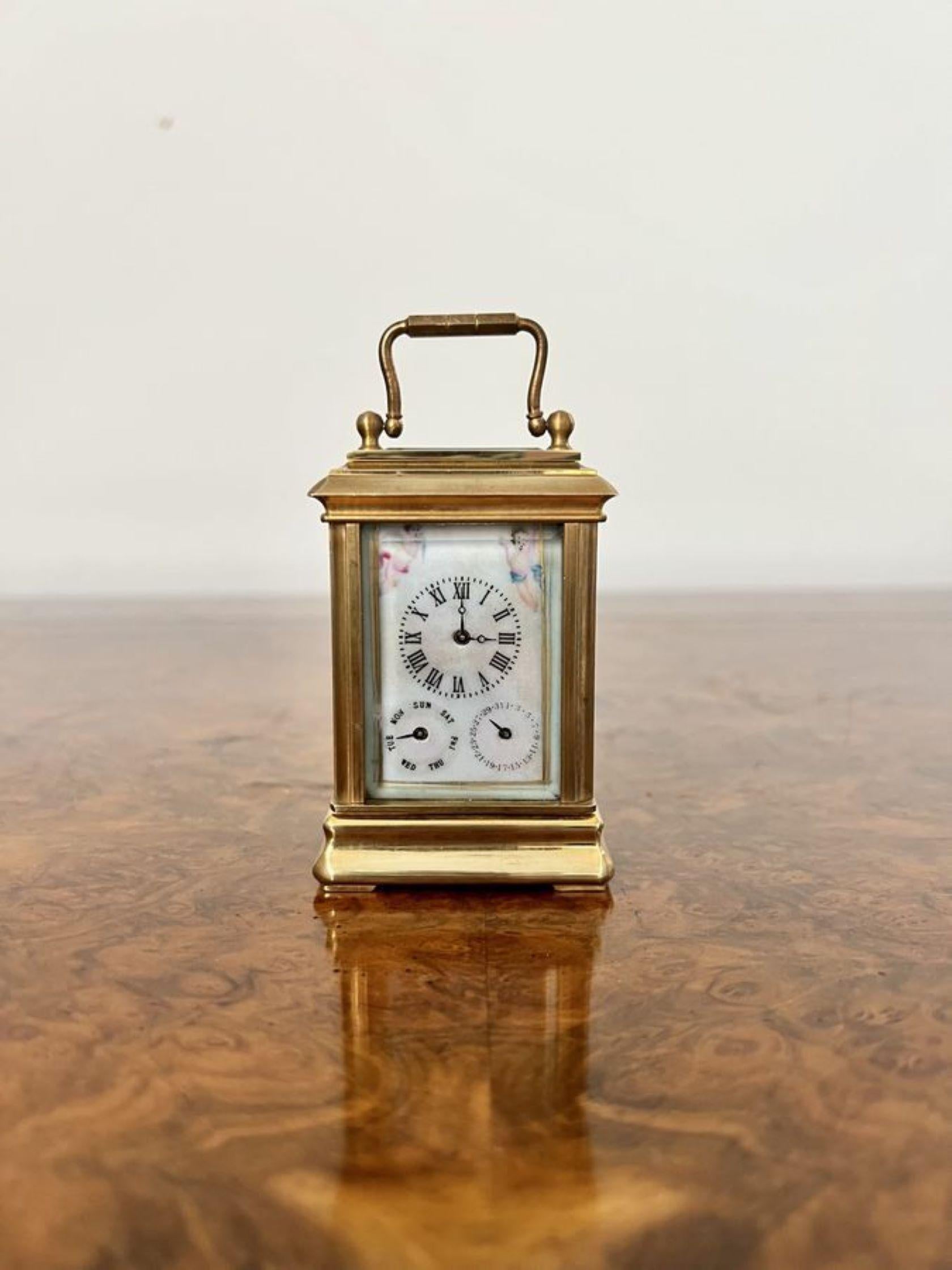 19th Century Stunning antique miniature quality brass carriage clock with hand painted porcel For Sale
