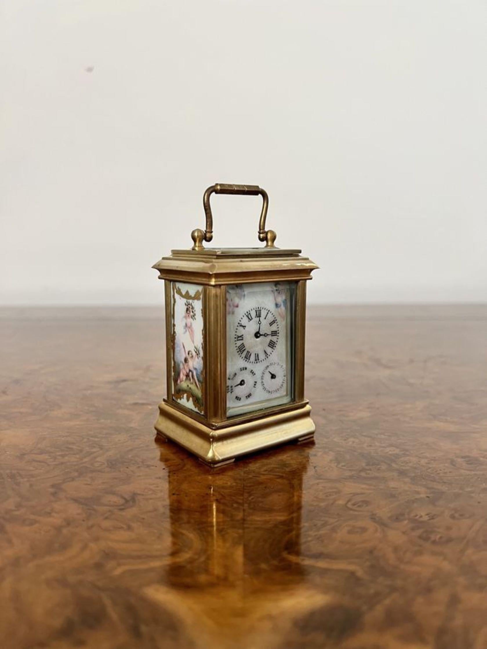 Brass Stunning antique miniature quality brass carriage clock with hand painted porcel For Sale