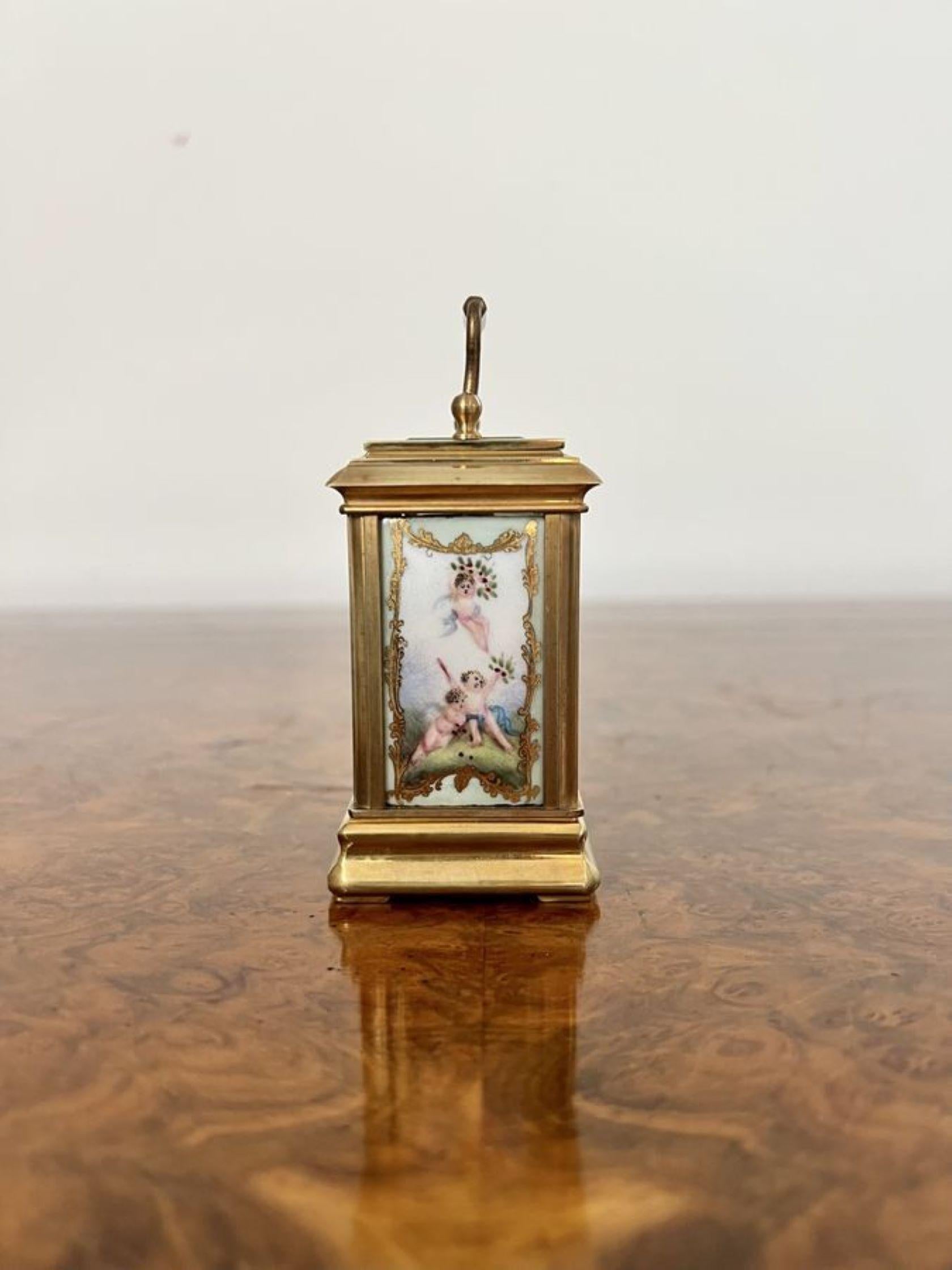 Stunning antique miniature quality brass carriage clock with hand painted porcel For Sale 1