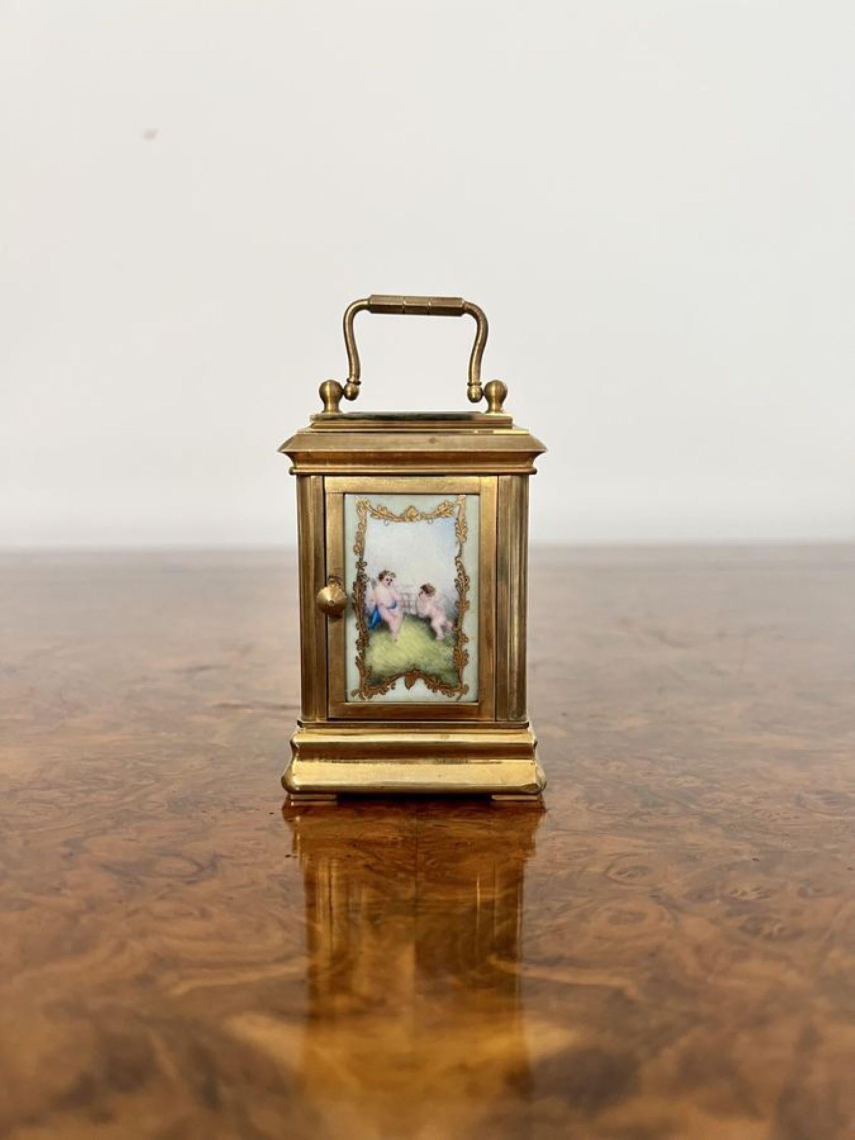 Stunning antique miniature quality brass carriage clock with hand painted porcel For Sale 2