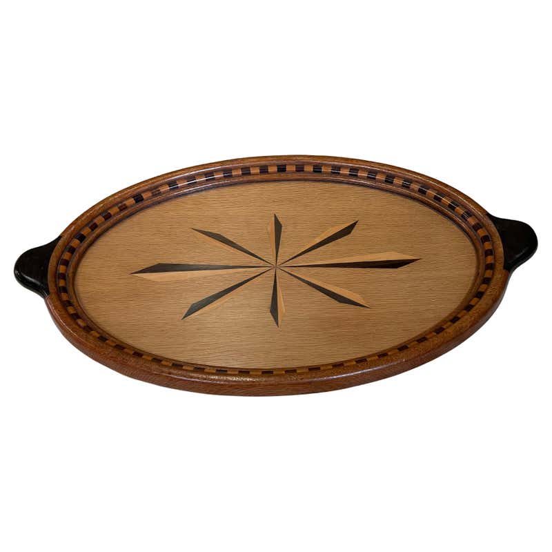 Antique and Large Nutwood Serving Tray with Intarsia Shell Inlay and ...