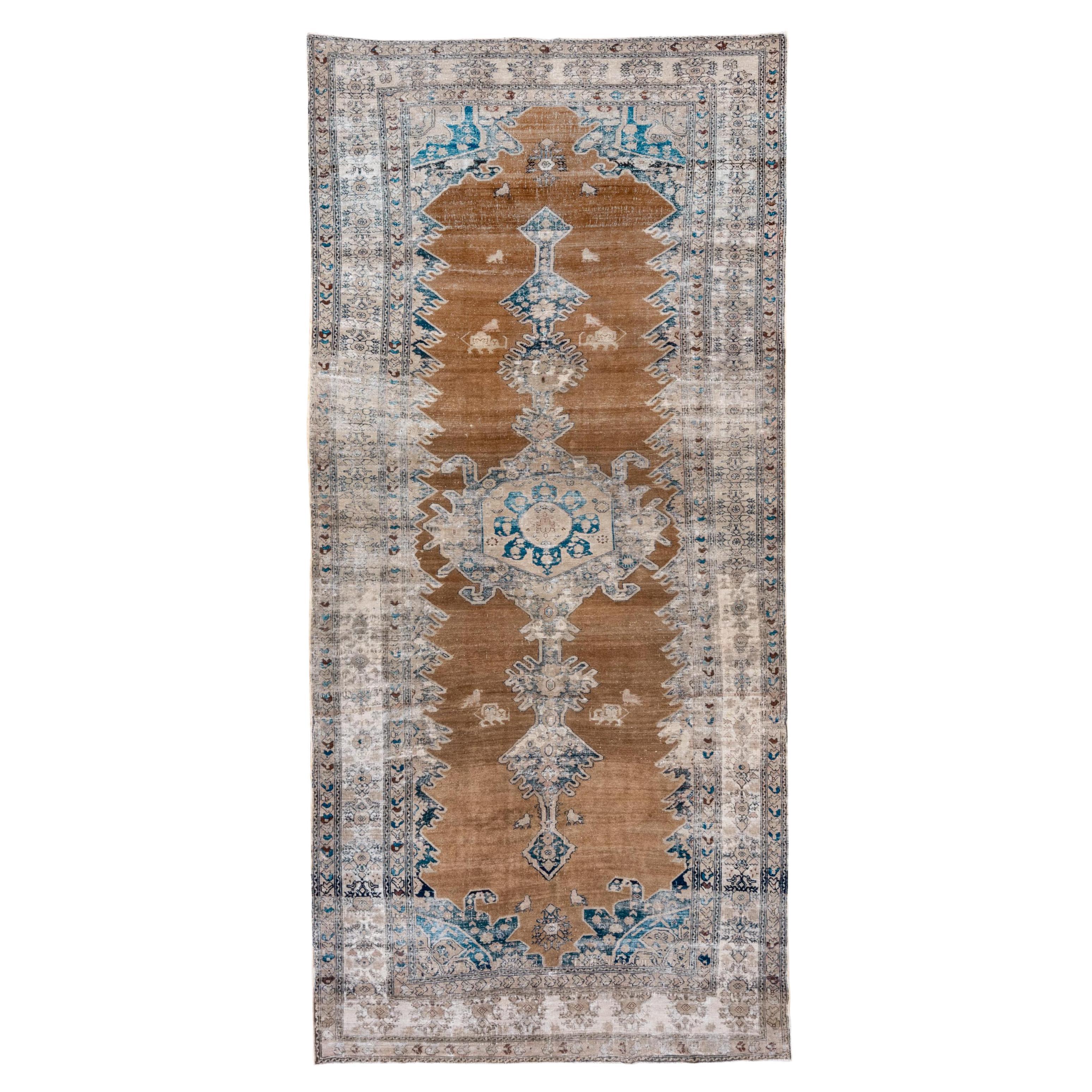 Stunning Antique Persian Farahan Gallery Rug, Light Brown Field, Ivory Borders For Sale