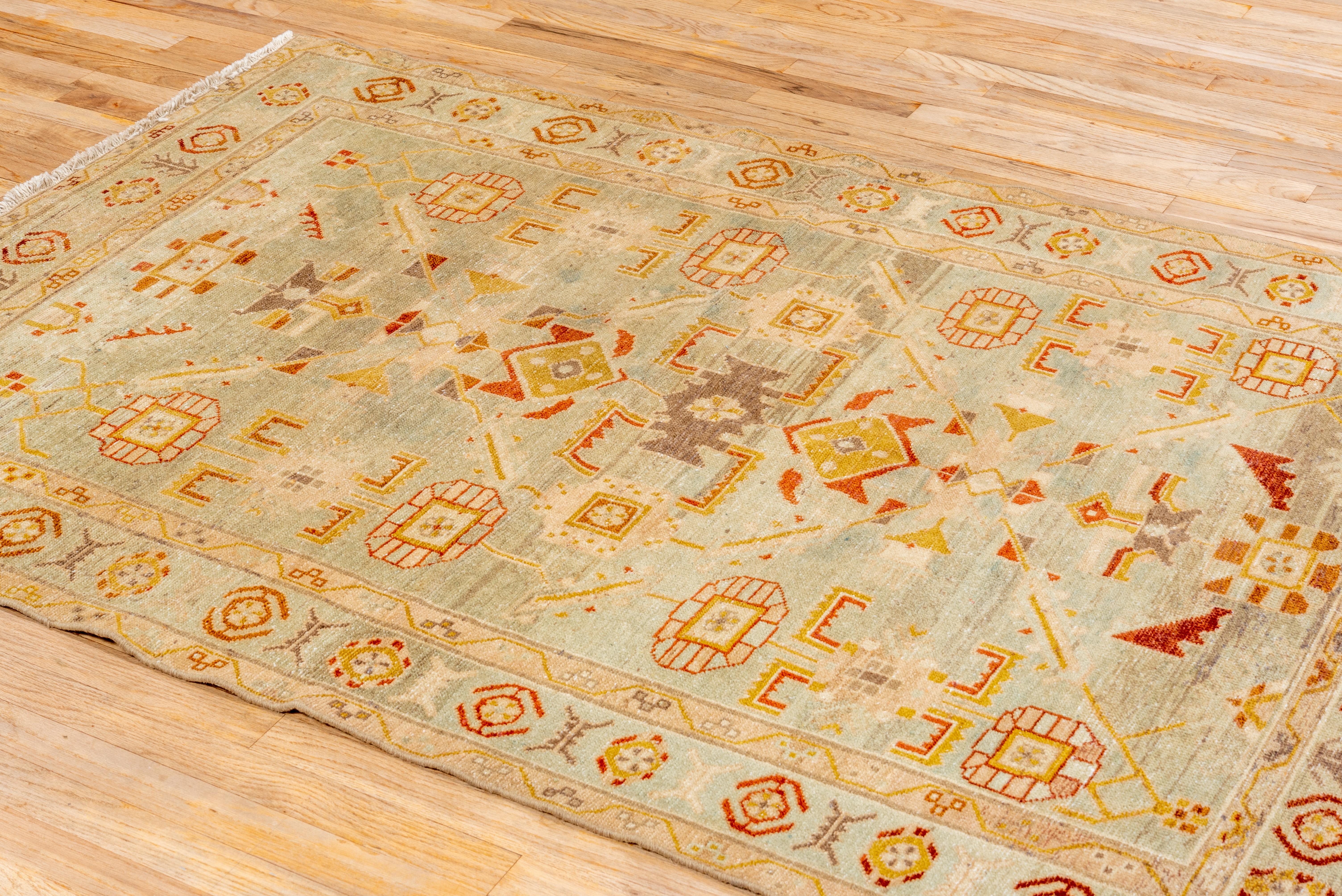Hand-Knotted Stunning Antique Persian Malayer Rug, Seafoam Field & Borders, Mustard Accents For Sale