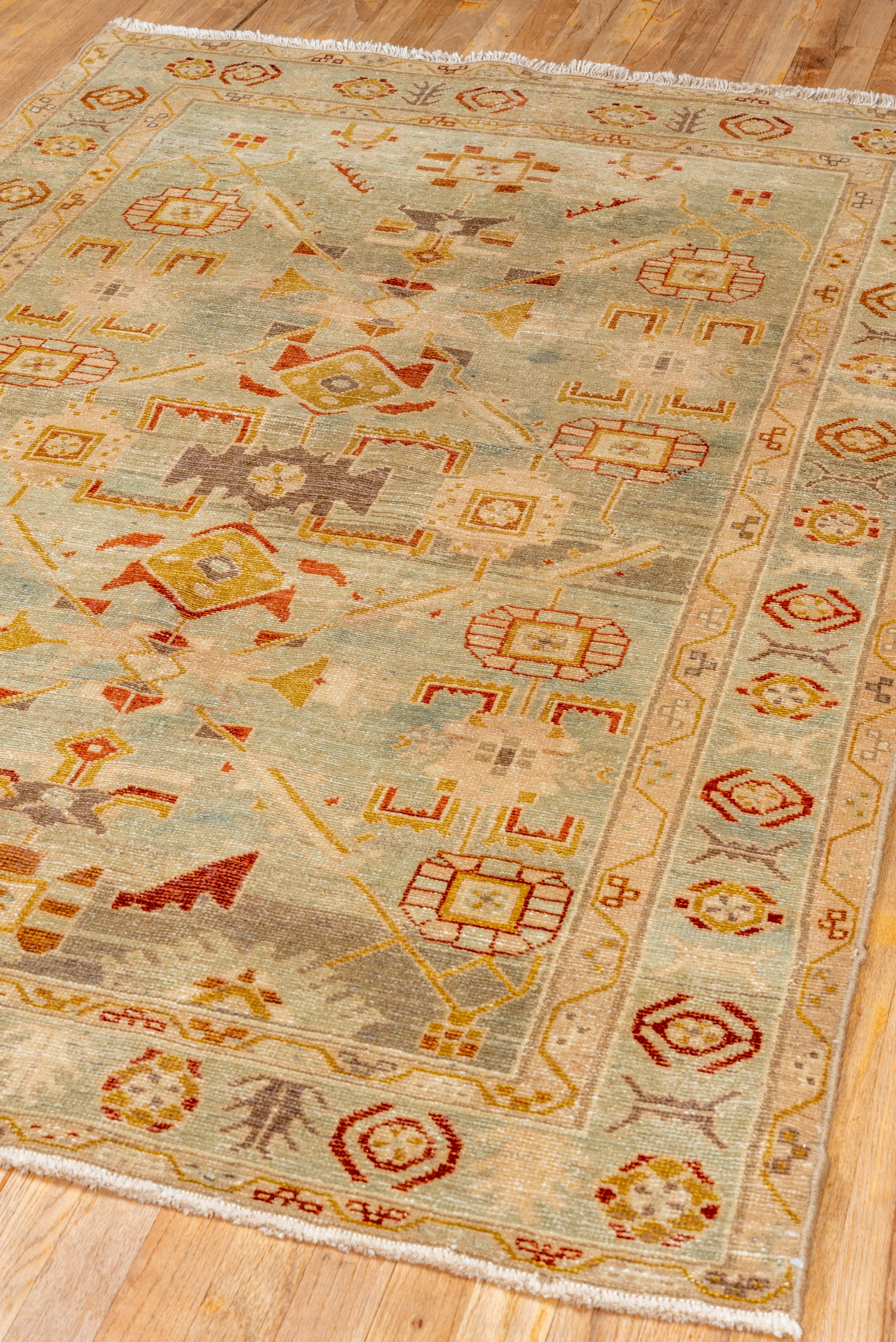 Stunning Antique Persian Malayer Rug, Seafoam Field & Borders, Mustard Accents In Good Condition For Sale In New York, NY