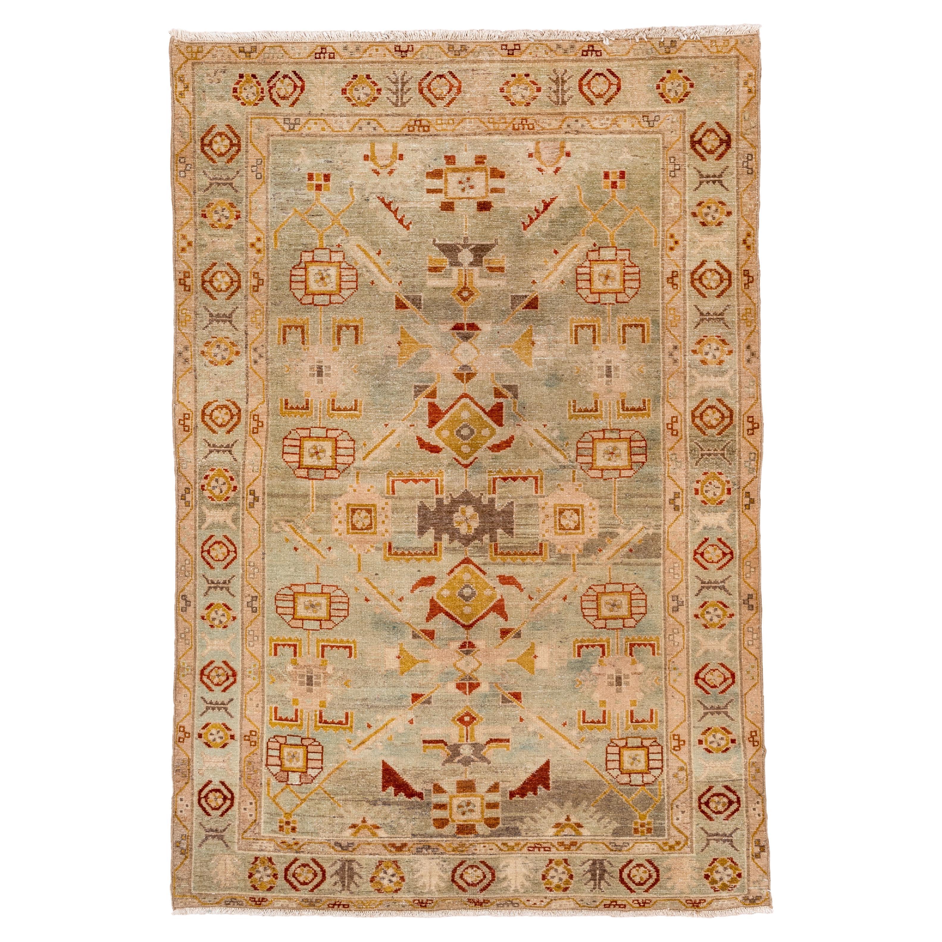 Stunning Antique Persian Malayer Rug, Seafoam Field & Borders, Mustard Accents For Sale
