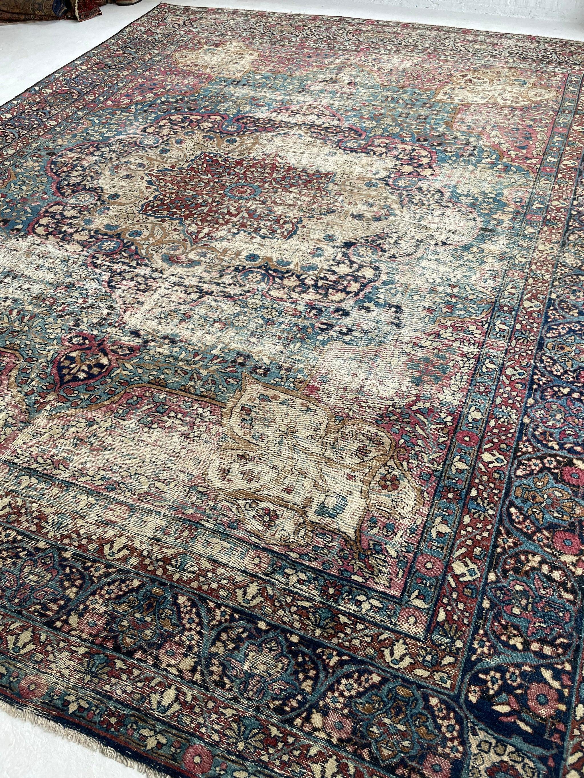 Stunning Antique Persian Kermanshah - Lavar Unique Color Palette - Denim, Ice, Indigo, Berry, Caramel, Copper, Camel

About: The most beautiful 100+-year-old kermanshah-lavar we've ever seen woven in this style. Usually, you don't find them in