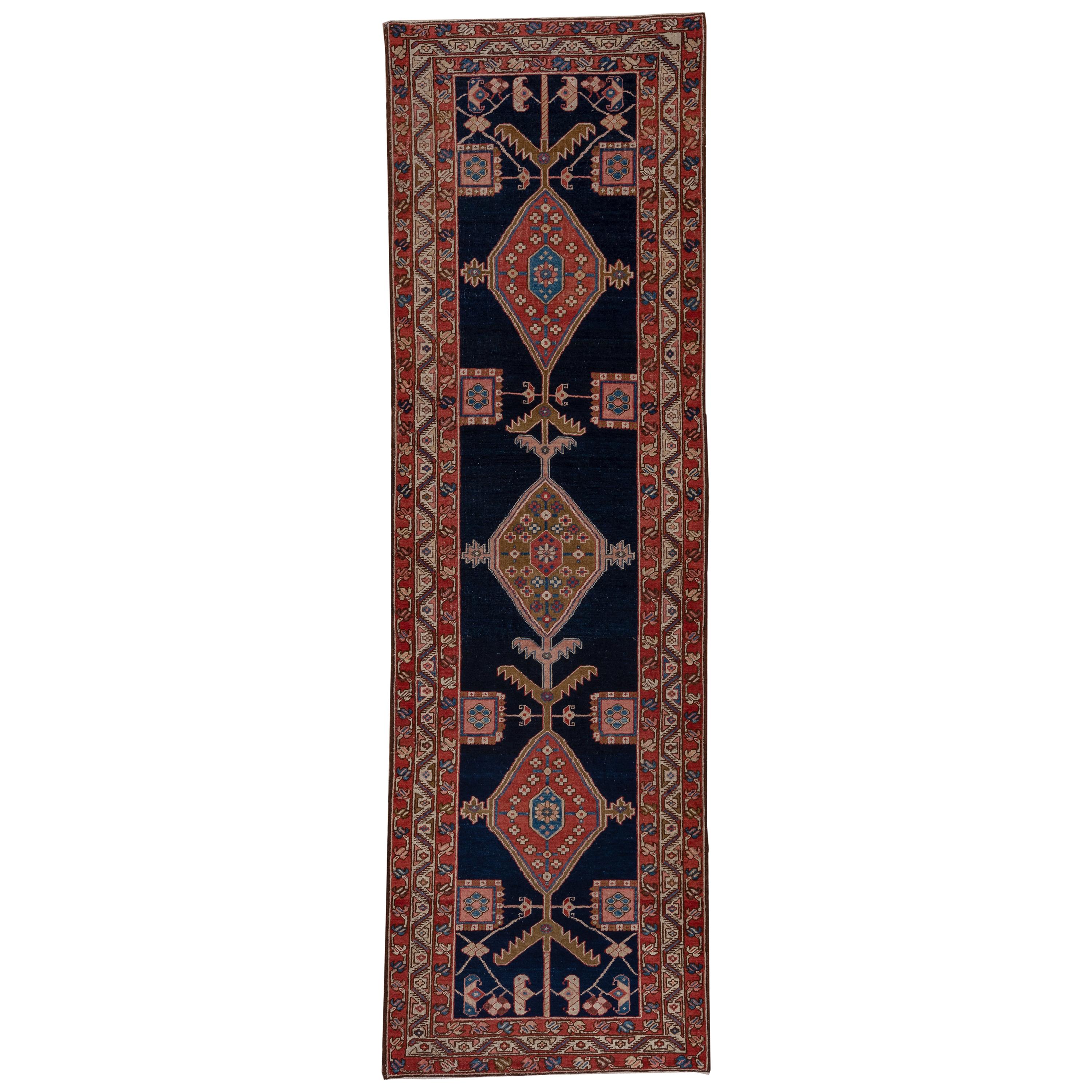 Stunning Antique Persian Serapi Runner, Navy Field, Pink Accents, circa 1900s For Sale