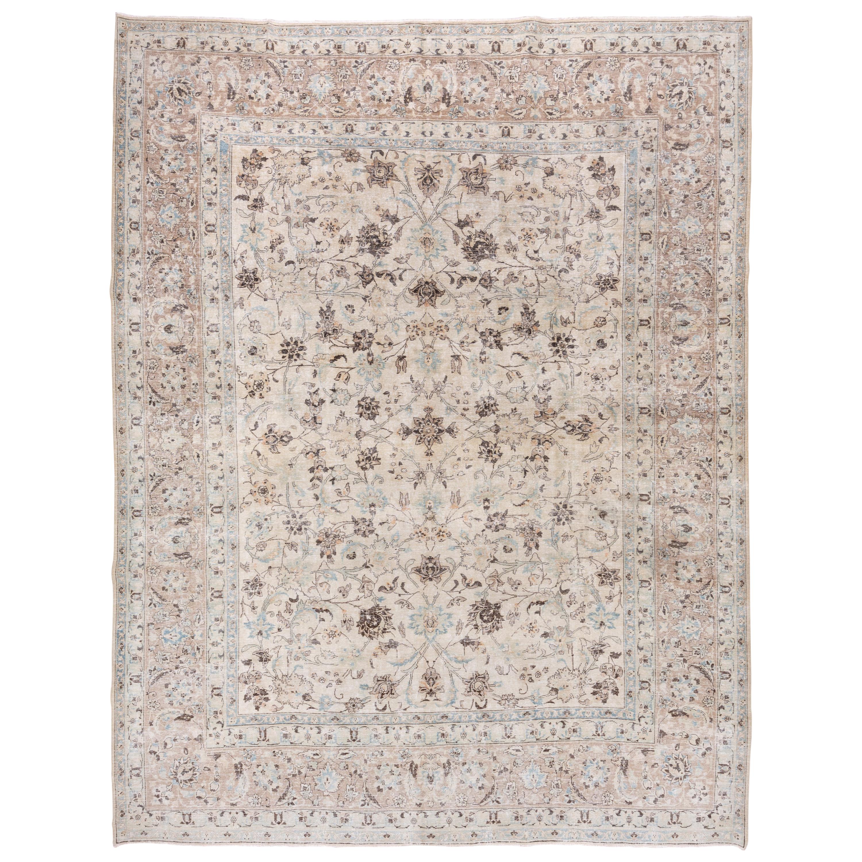 Antique Persian Tabriz Carpet, Peach Field and Blue Borders For Sale at