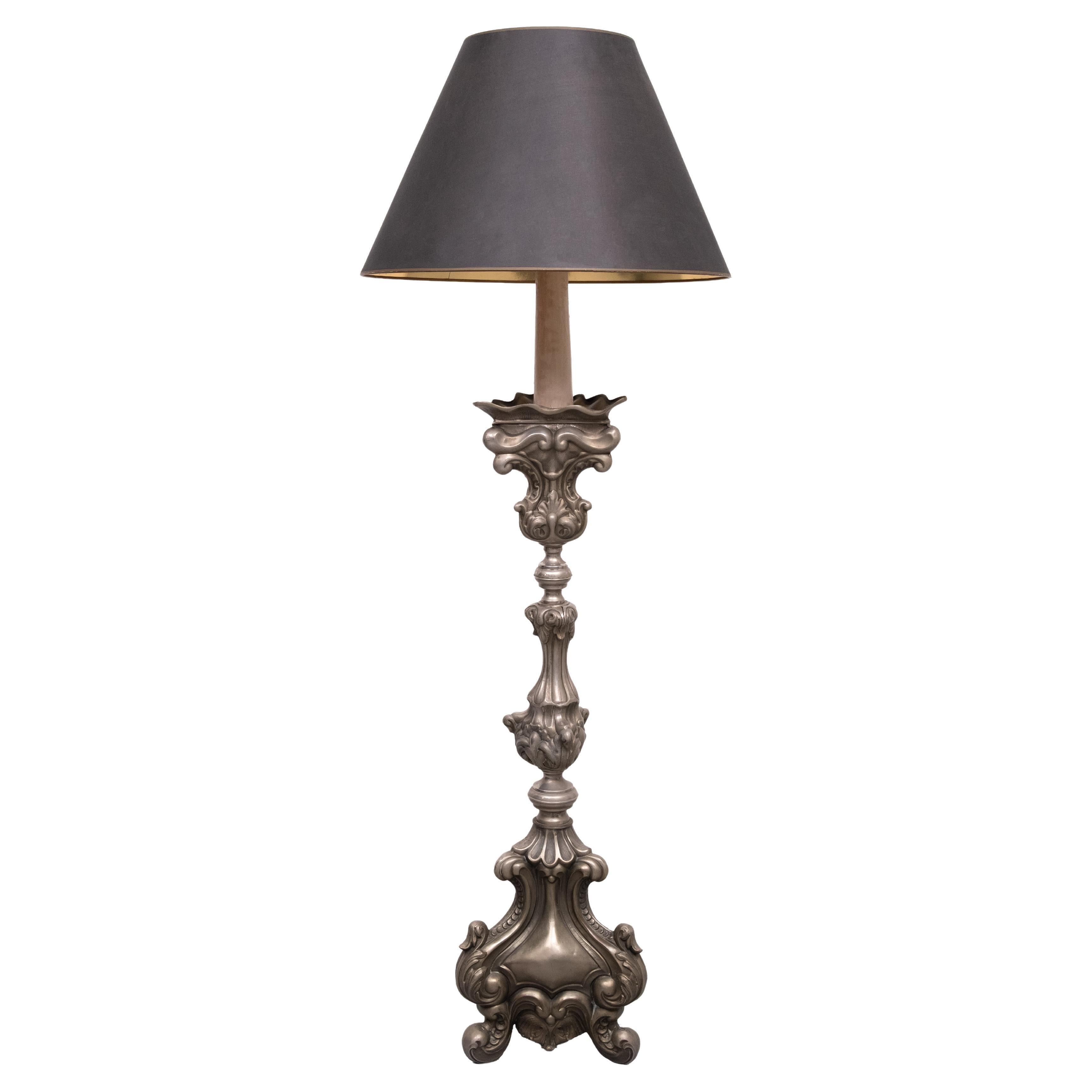 Stunning Antique Pewter Rococo Candlestick floor lamp Italy For Sale
