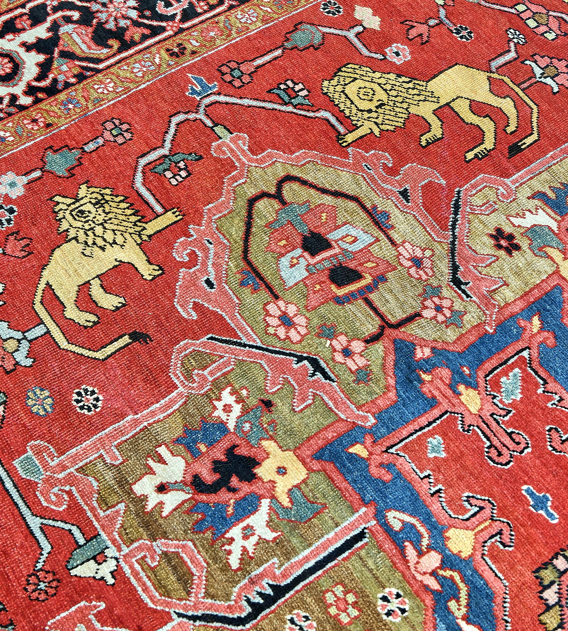 Atemberaubender antiker Serapi-Teppich aus roter Wolle mit floralen Löwen im Angebot 4