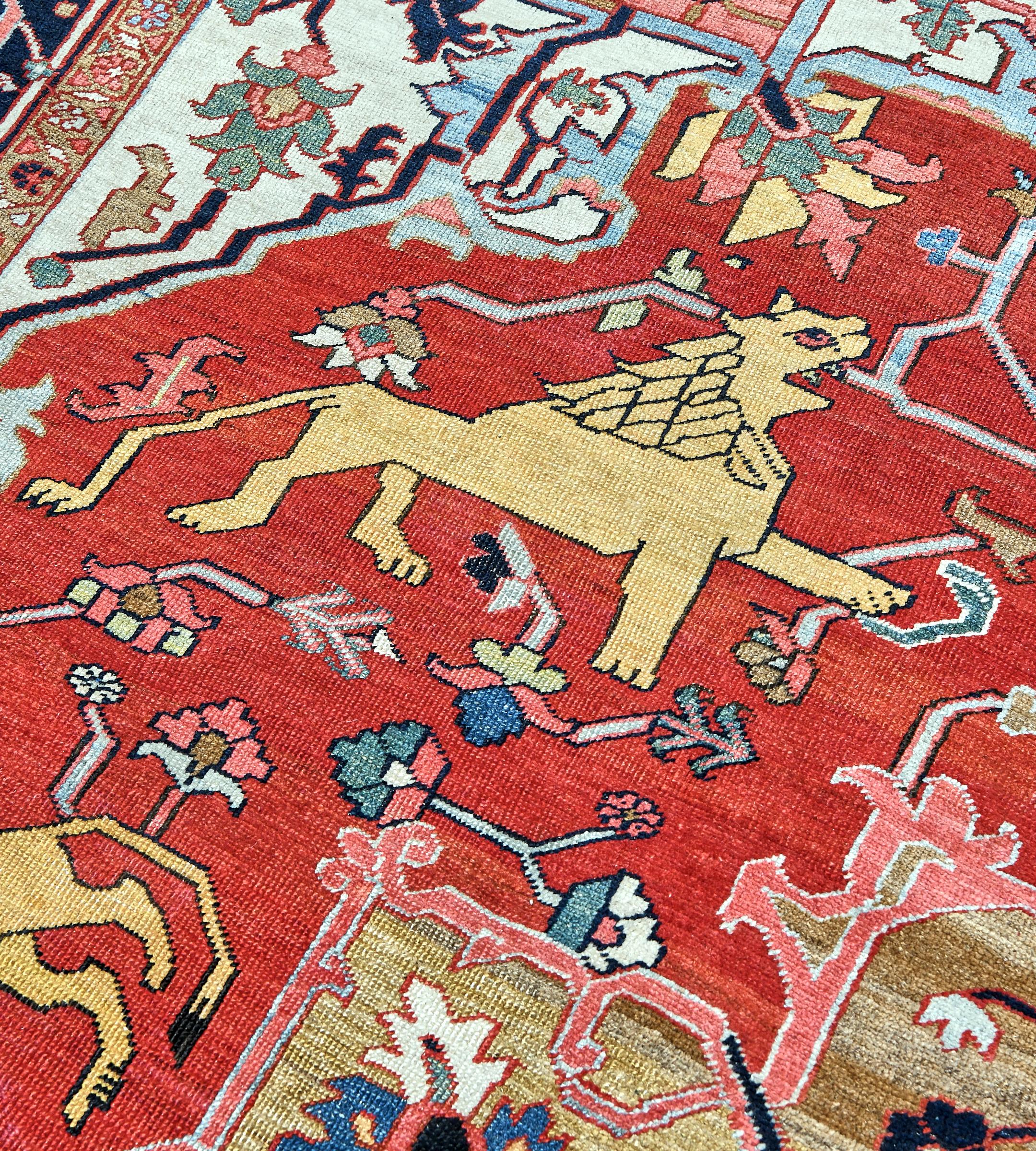 Atemberaubender antiker Serapi-Teppich aus roter Wolle mit floralen Löwen im Angebot 6