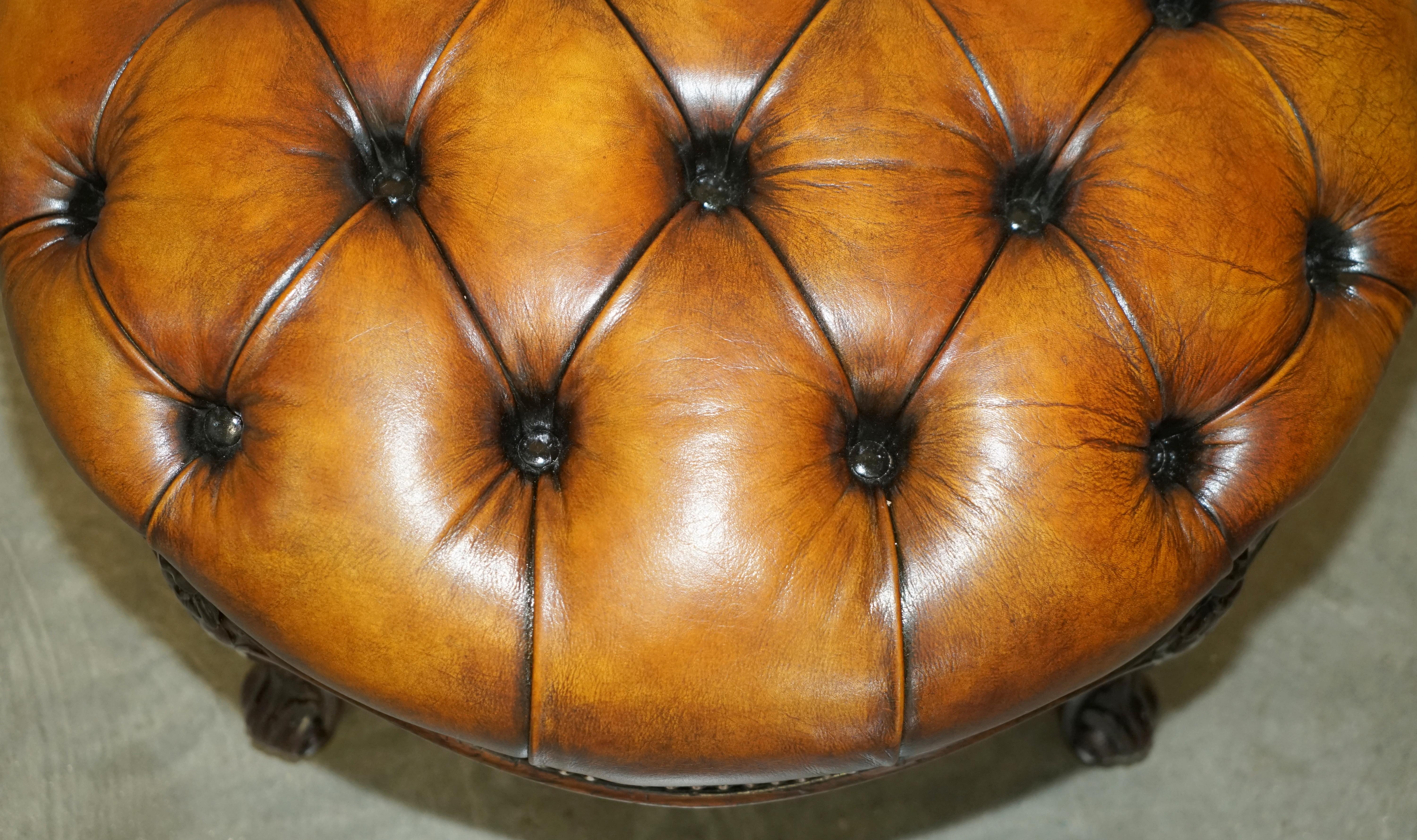 STUNNING ANTIQUE RESTORED HAND DYED CiGAR BROWN LEATHER CHESTERFIELD FOOTSTOOL 4