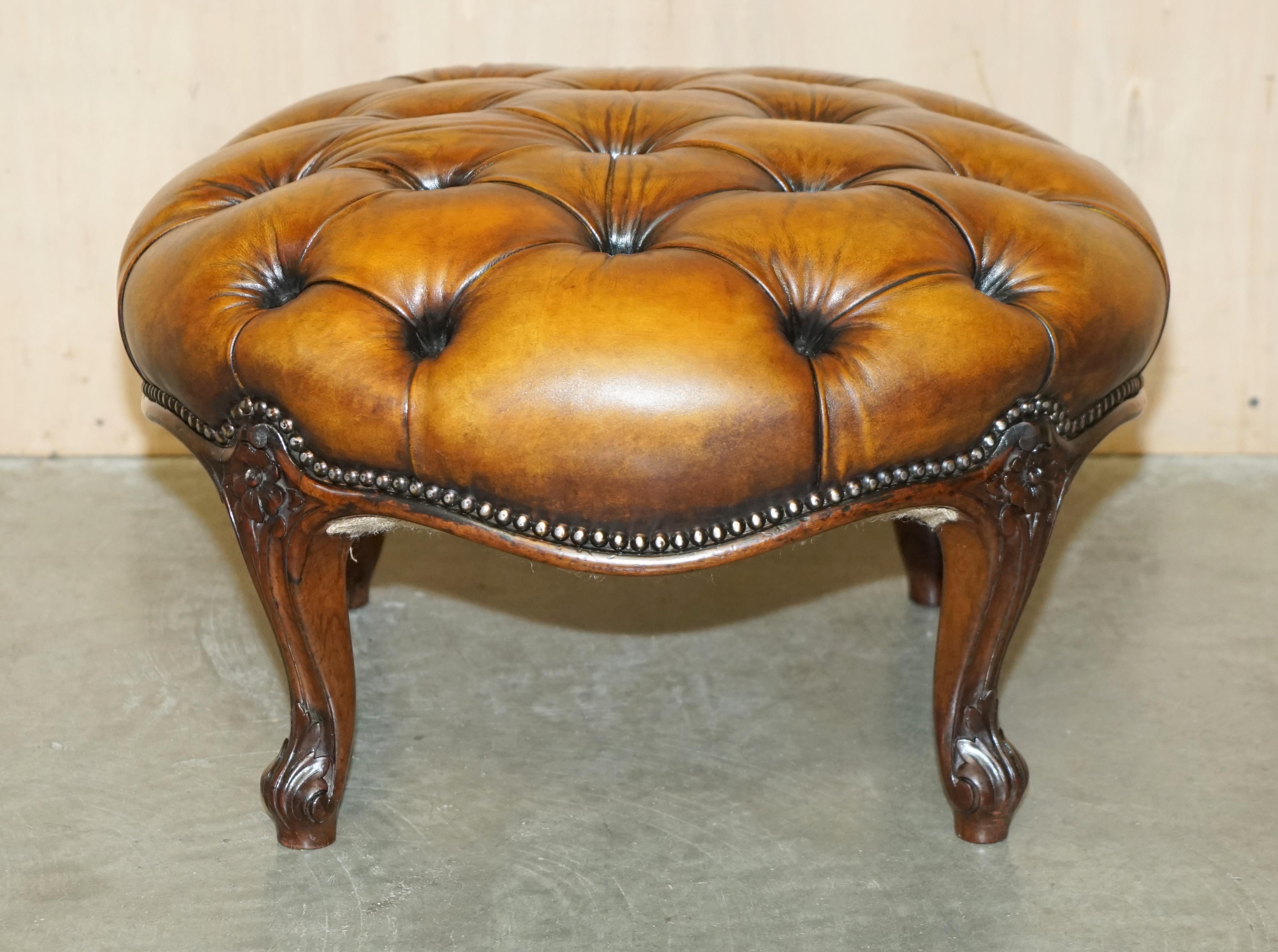 STUNNING ANTIQUE RESTORED HAND DYED CiGAR BROWN LEATHER CHESTERFIELD FOOTSTOOL 5
