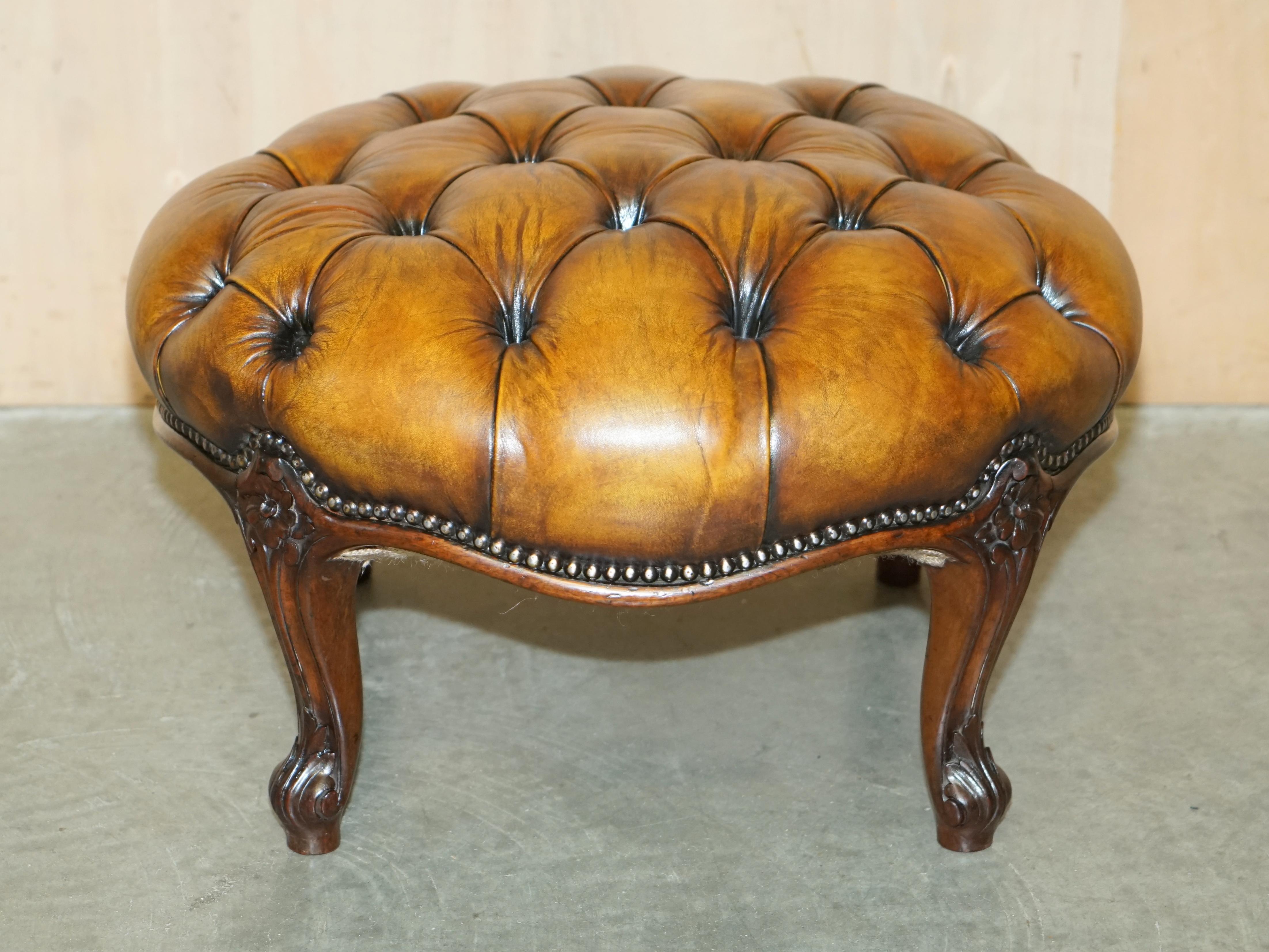 STUNNING ANTIQUE RESTORED HAND DYED CiGAR BROWN LEATHER CHESTERFIELD FOOTSTOOL 6