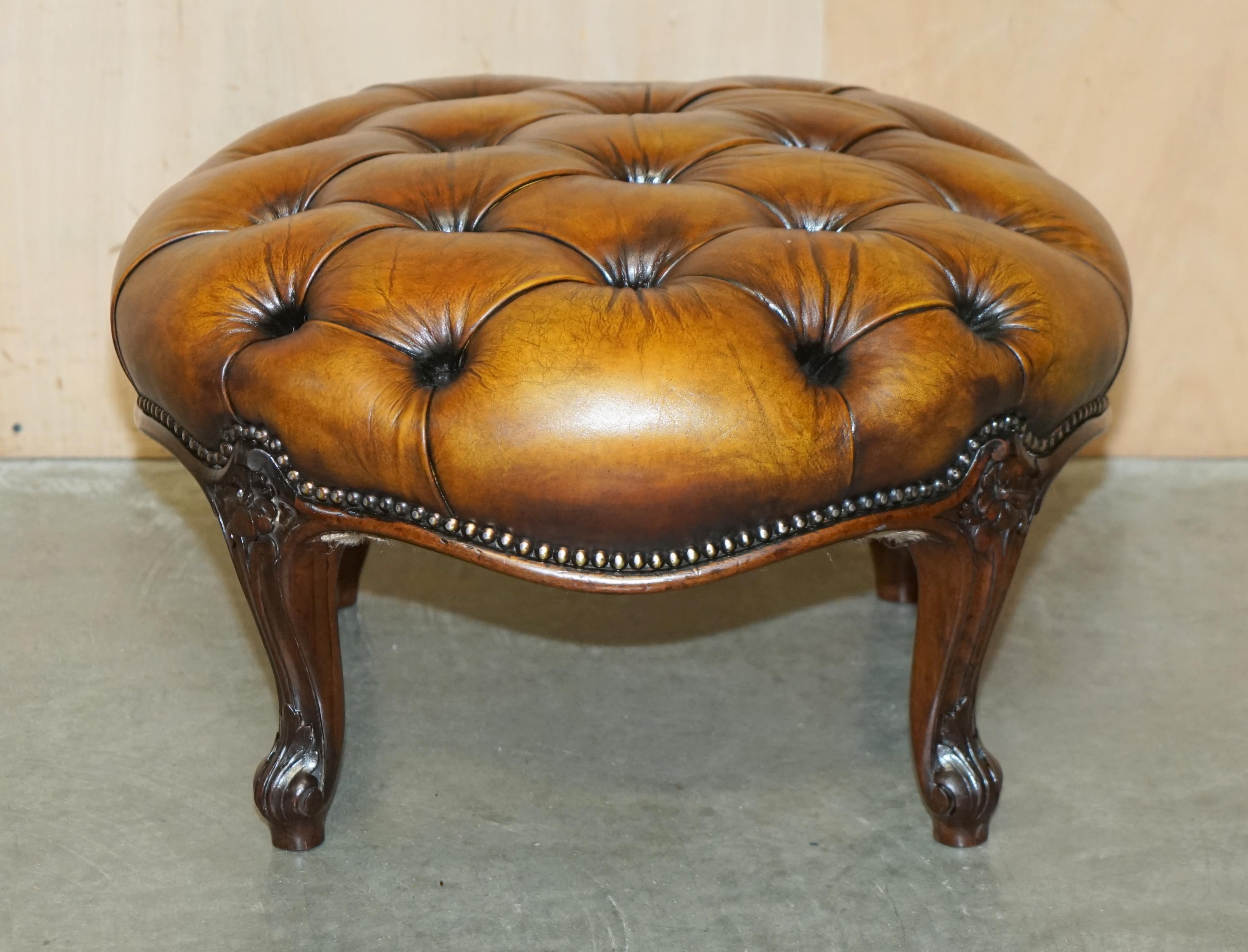 STUNNING ANTIQUE RESTORED HAND DYED CiGAR BROWN LEATHER CHESTERFIELD FOOTSTOOL 7