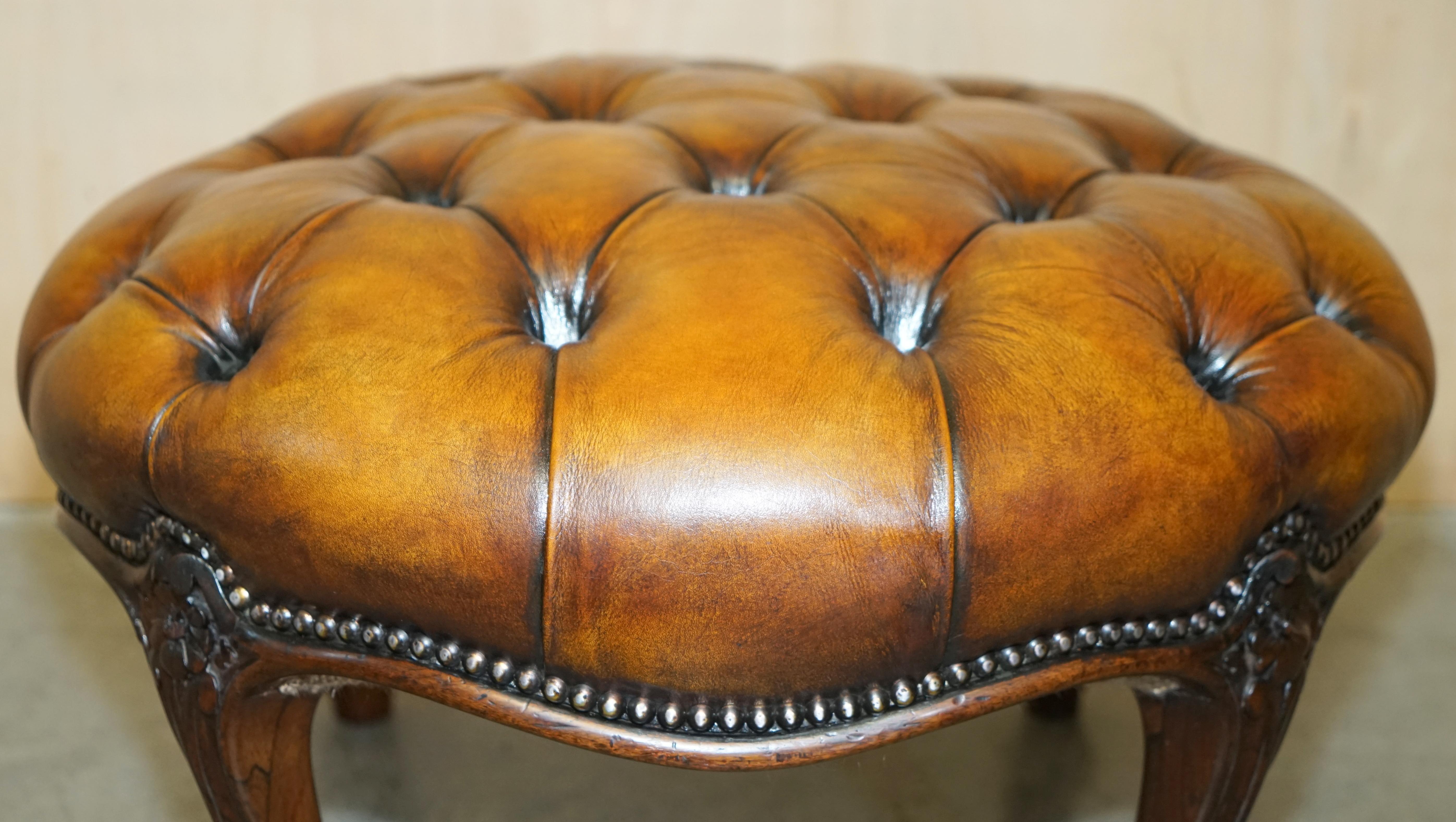 Victorian STUNNING ANTIQUE RESTORED HAND DYED CiGAR BROWN LEATHER CHESTERFIELD FOOTSTOOL