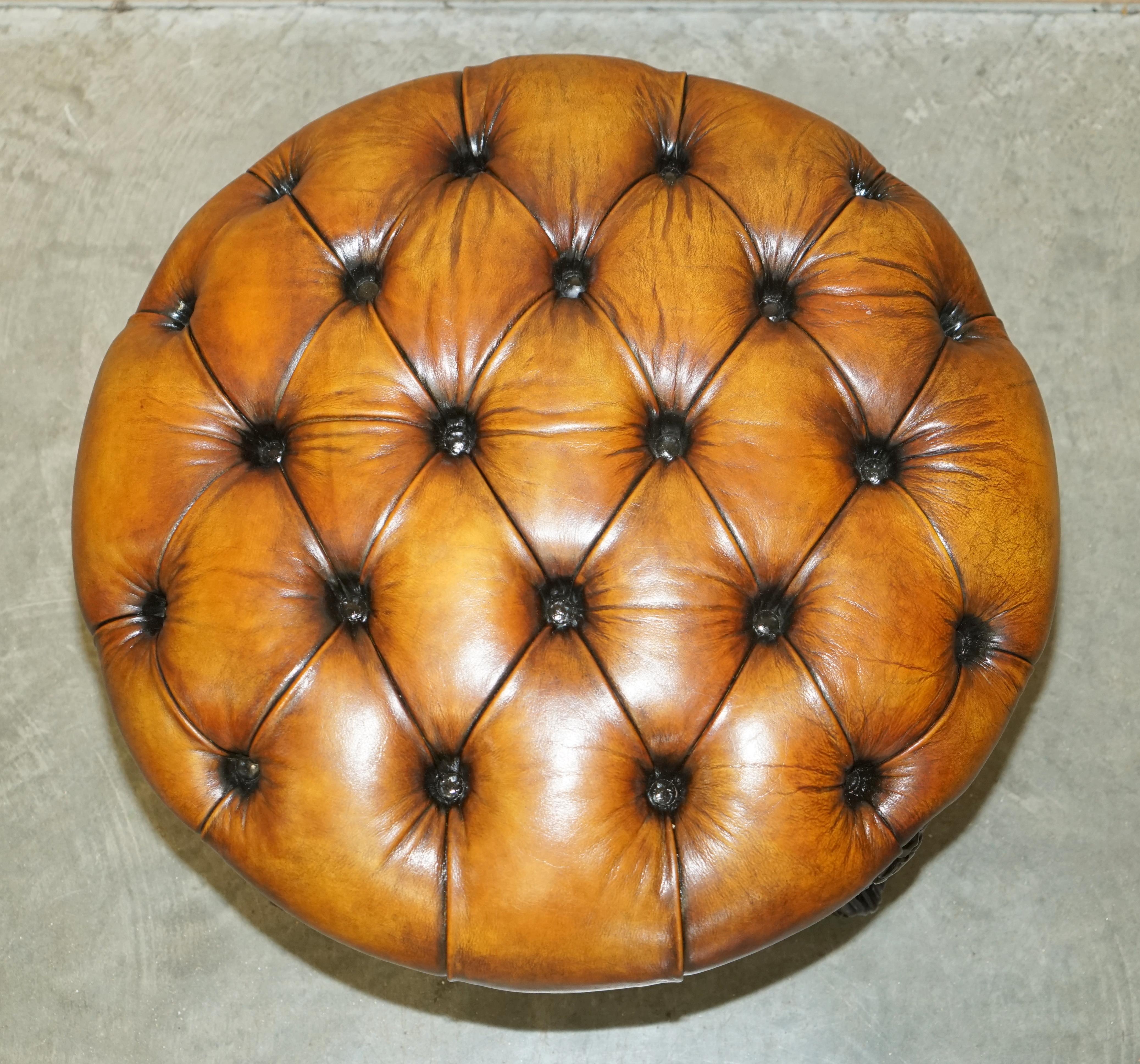 STUNNING ANTIQUE RESTORED HAND DYED CiGAR BROWN LEATHER CHESTERFIELD FOOTSTOOL 2