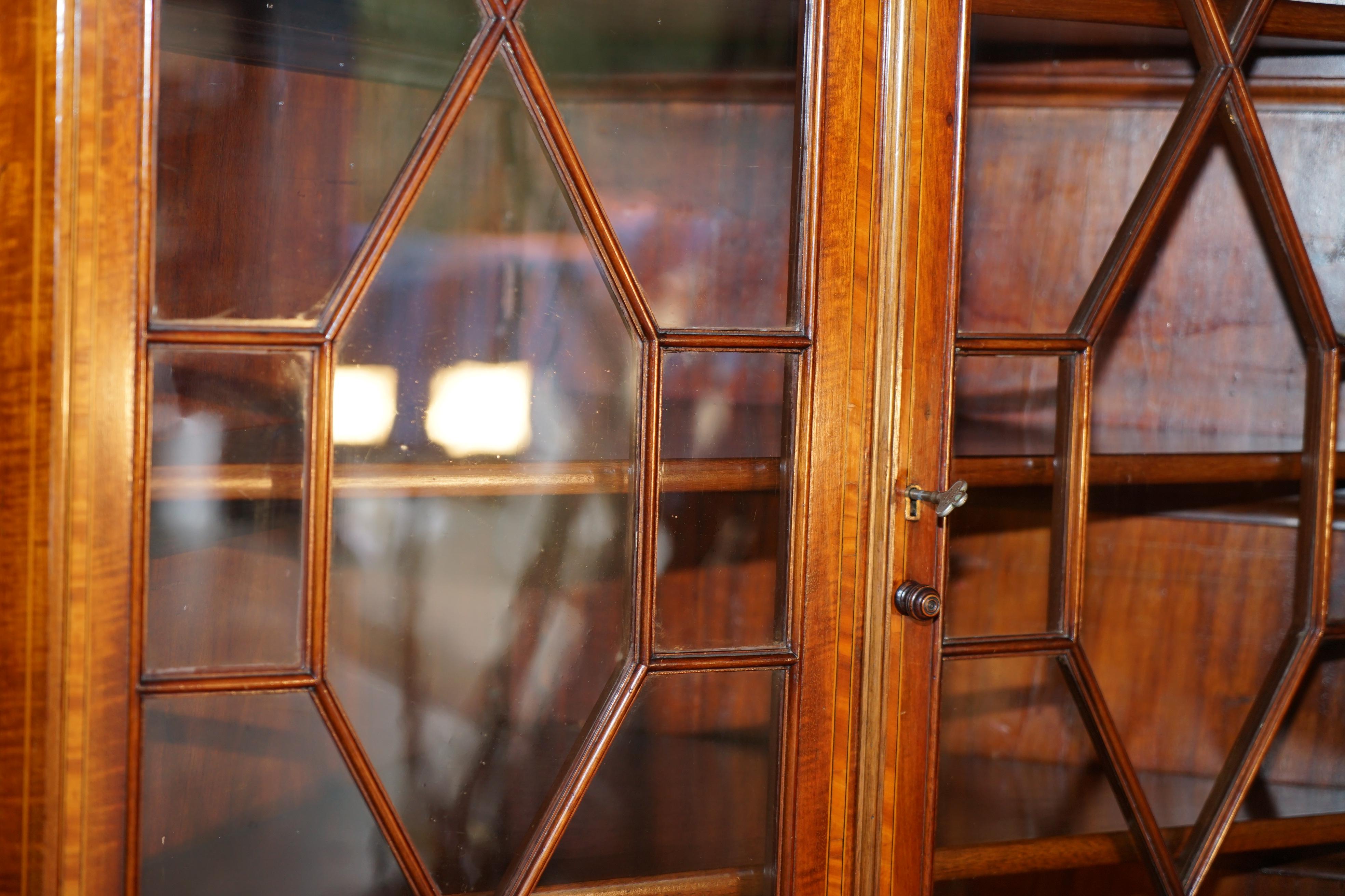 Stunning Antique Sheraton Revival Astral Glazed Inlaid Corner Bookcase Cabinet 4