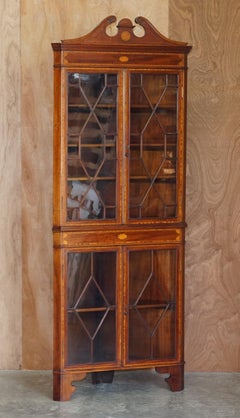 Stunning Antique Sheraton Revival Astral Glazed Inlaid Corner Bookcase Cabinet