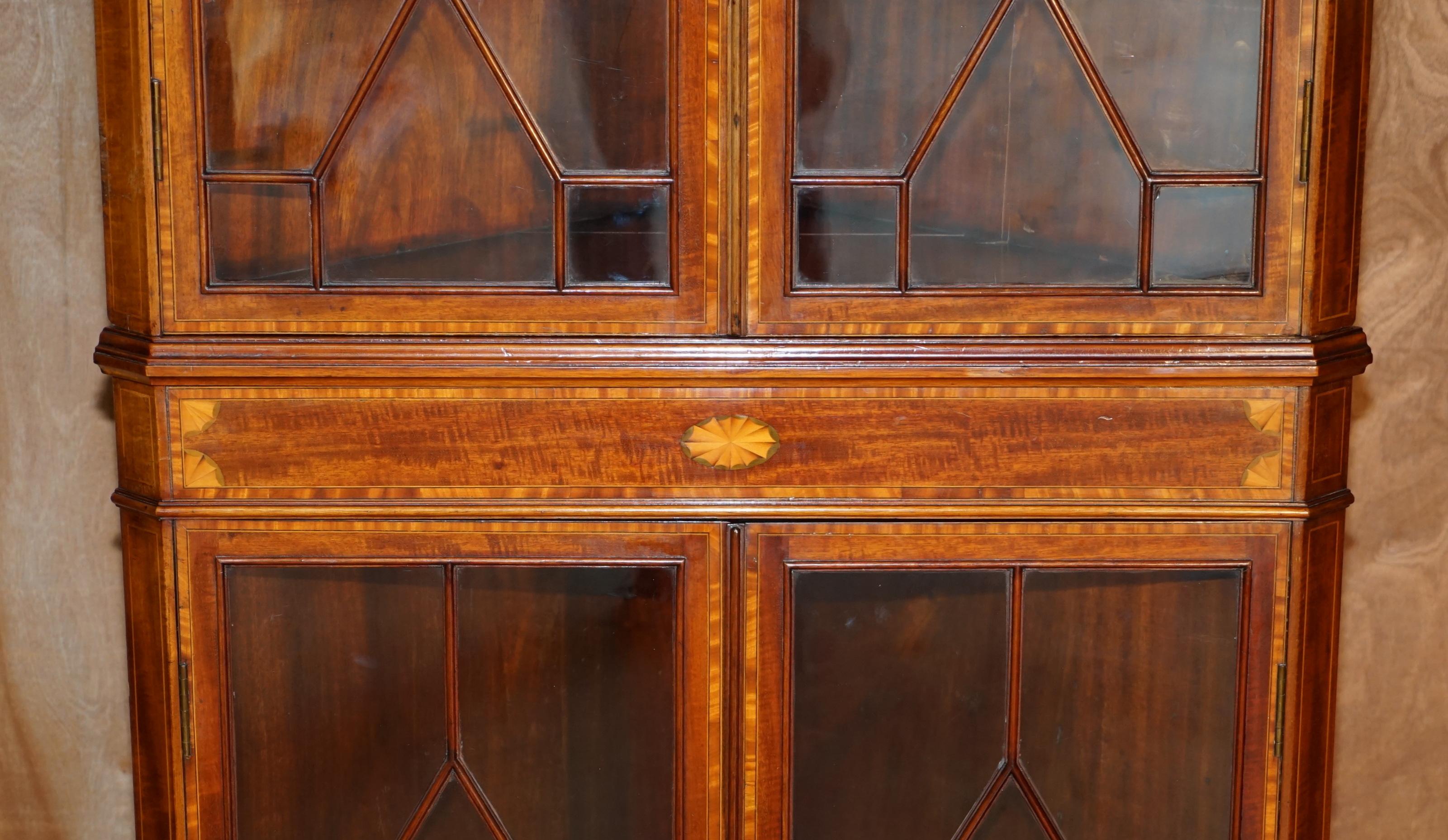 English Stunning Antique Sheraton Revival Astral Glazed Inlaid Corner Bookcase Cabinet