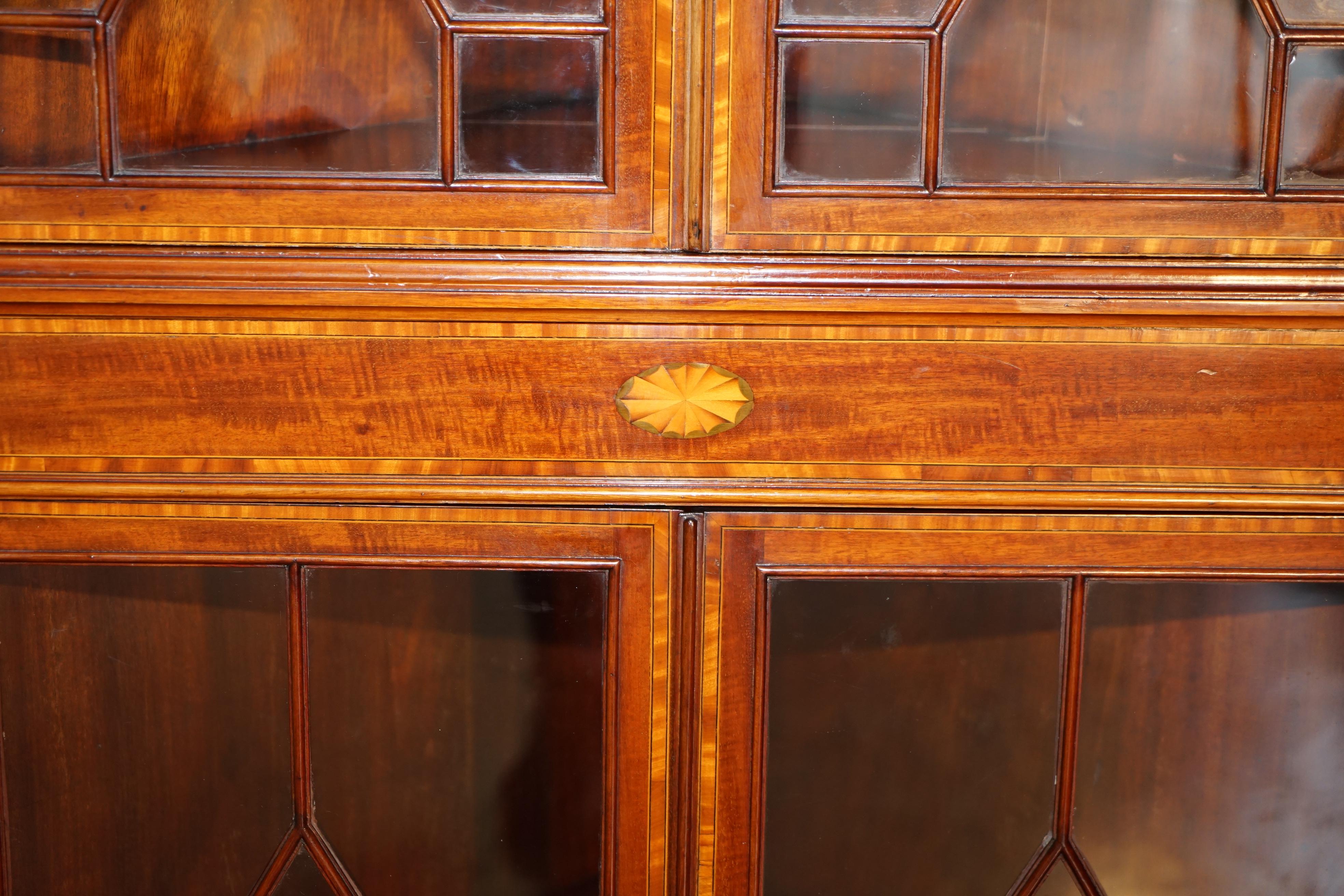 Hand-Crafted Stunning Antique Sheraton Revival Astral Glazed Inlaid Corner Bookcase Cabinet