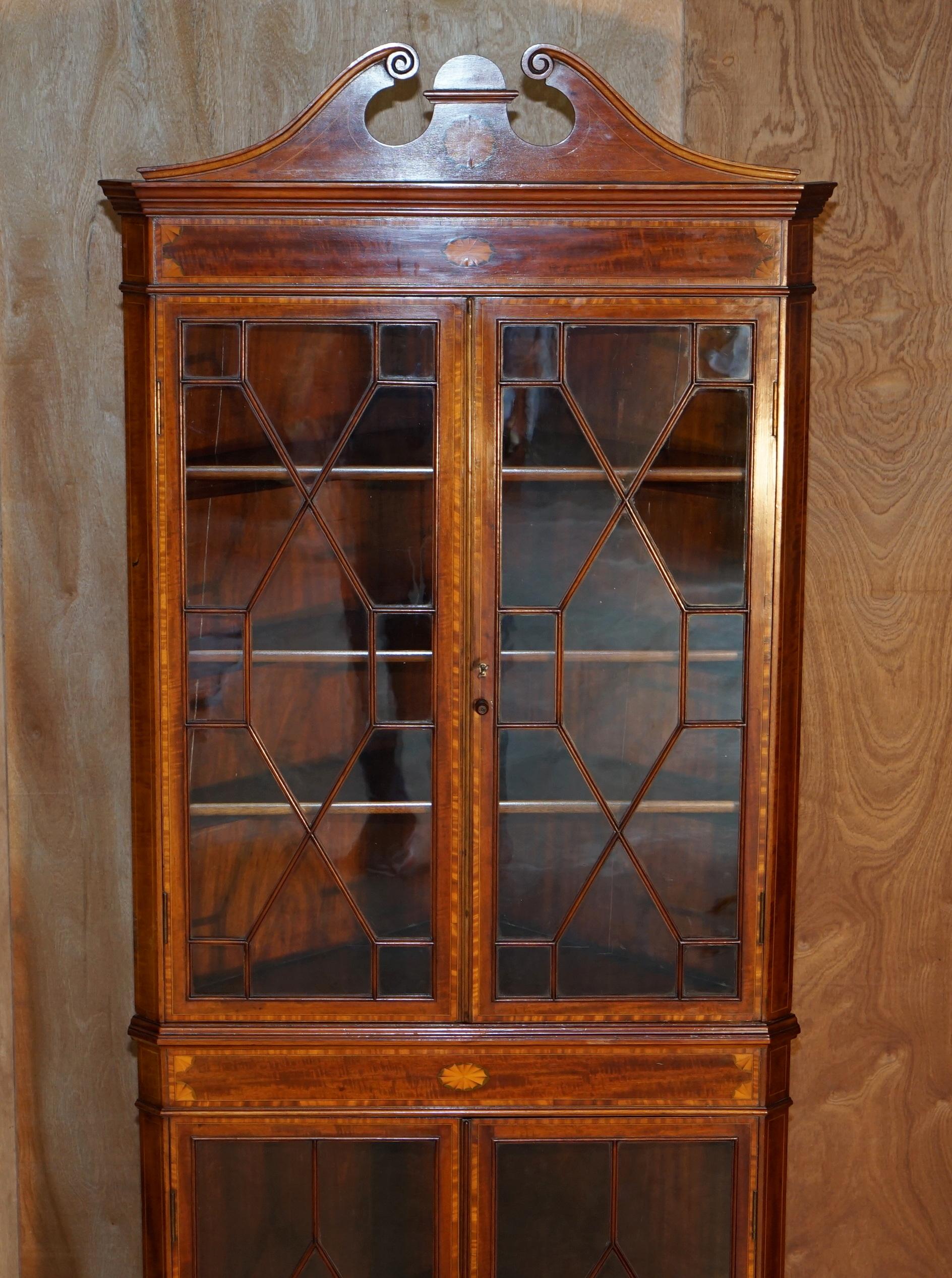 Glass Stunning Antique Sheraton Revival Astral Glazed Inlaid Corner Bookcase Cabinet