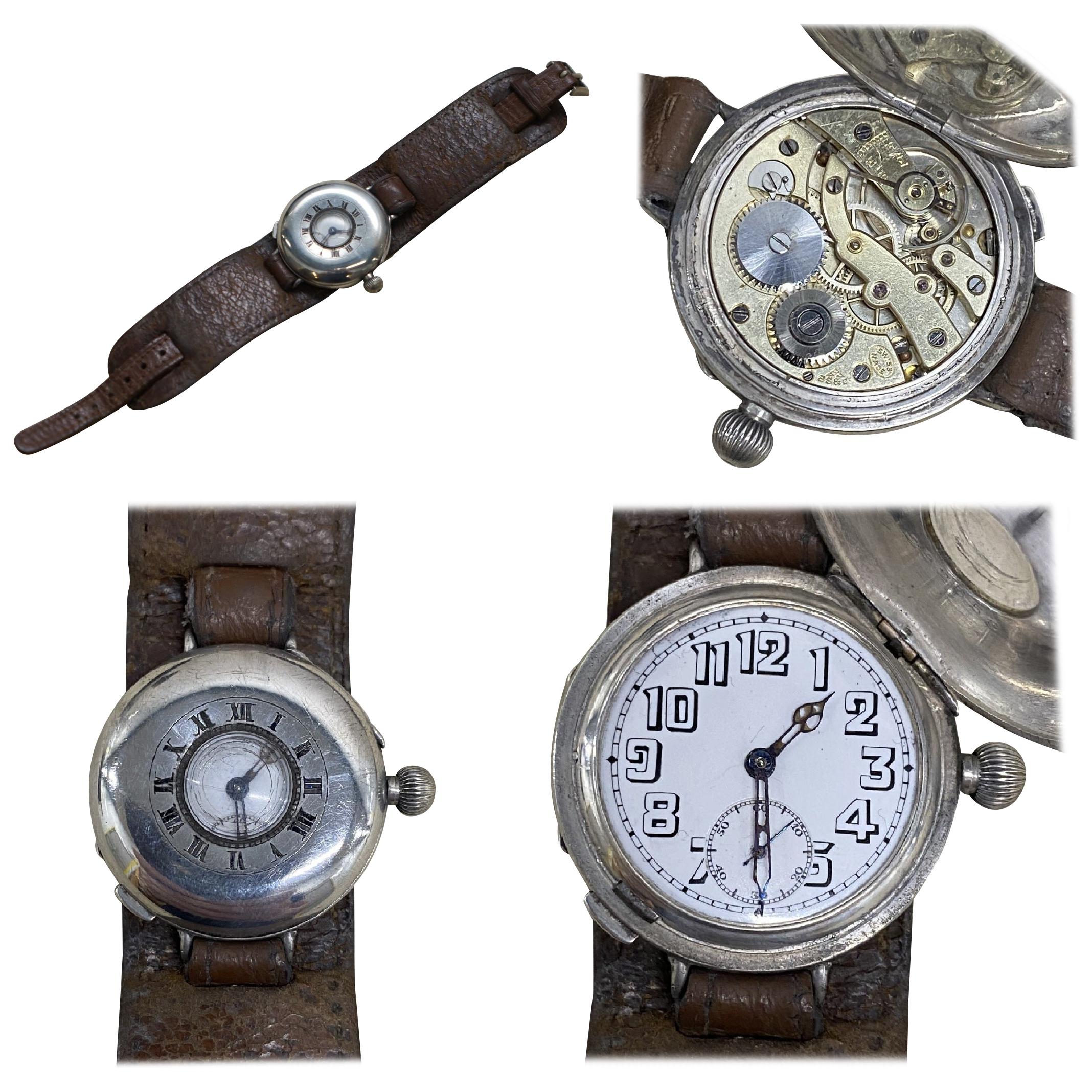 Stunning Antique Solid Sterling Silver Aviator Wristwatch Half Hunter Case