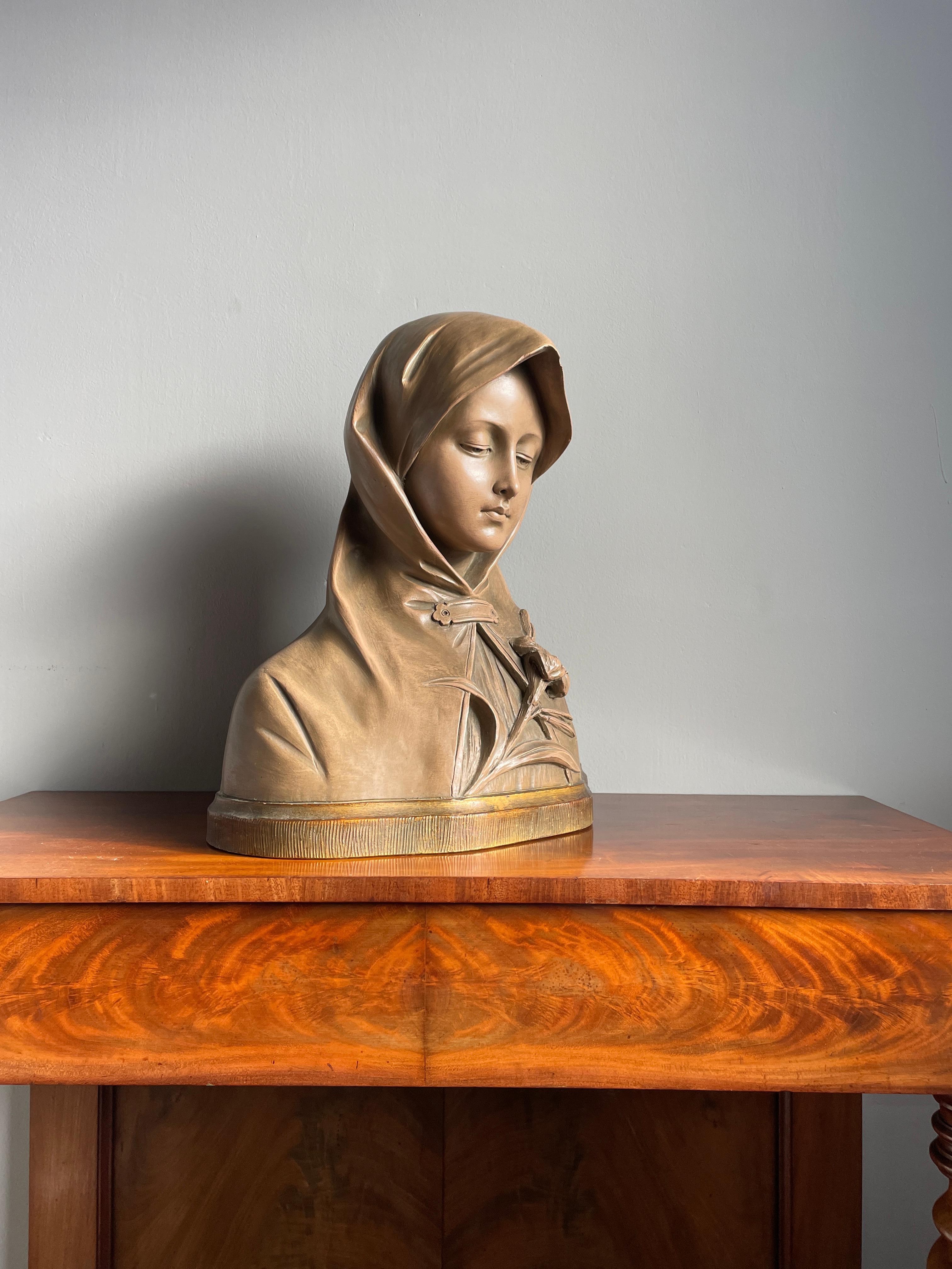 Belga Splendida scultura antica di Santa Caterina Siena in terracotta di G van Vaerenbergh