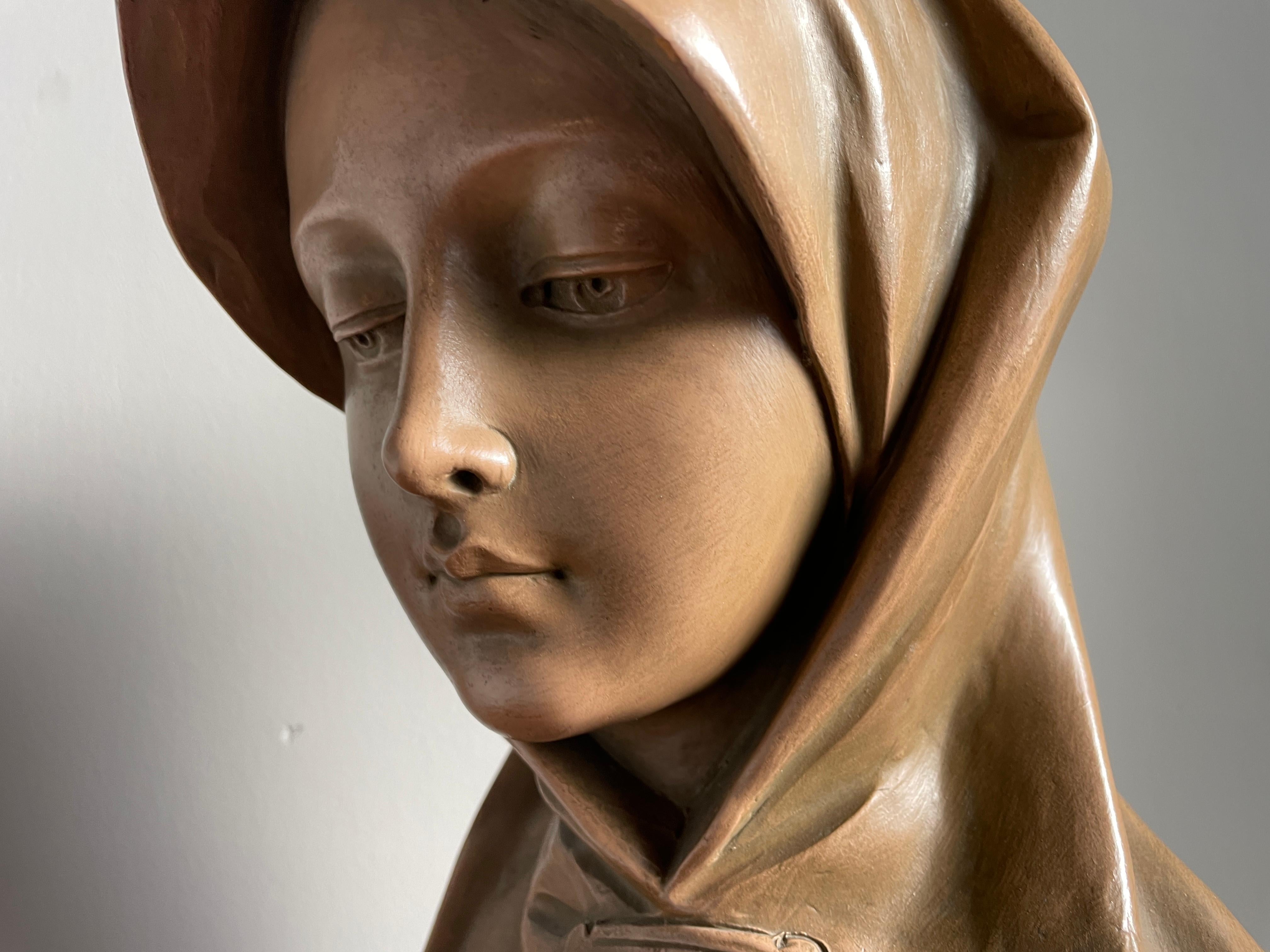 Fatto a mano Splendida scultura antica di Santa Caterina Siena in terracotta di G van Vaerenbergh