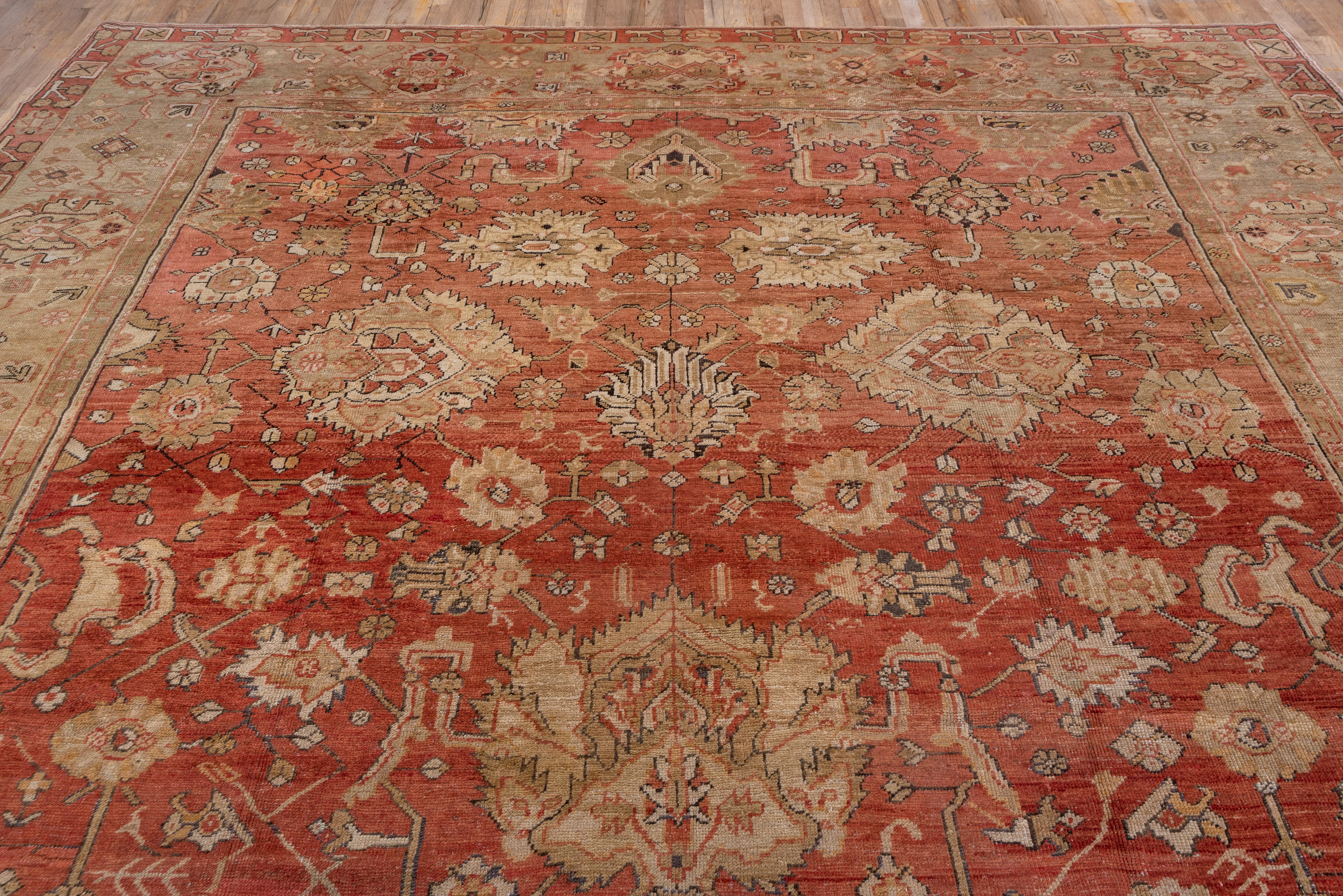 Hand-Knotted Stunning Antique Turkish Oushak Mansion Carpet, Rust Field, Pale Green Borders For Sale