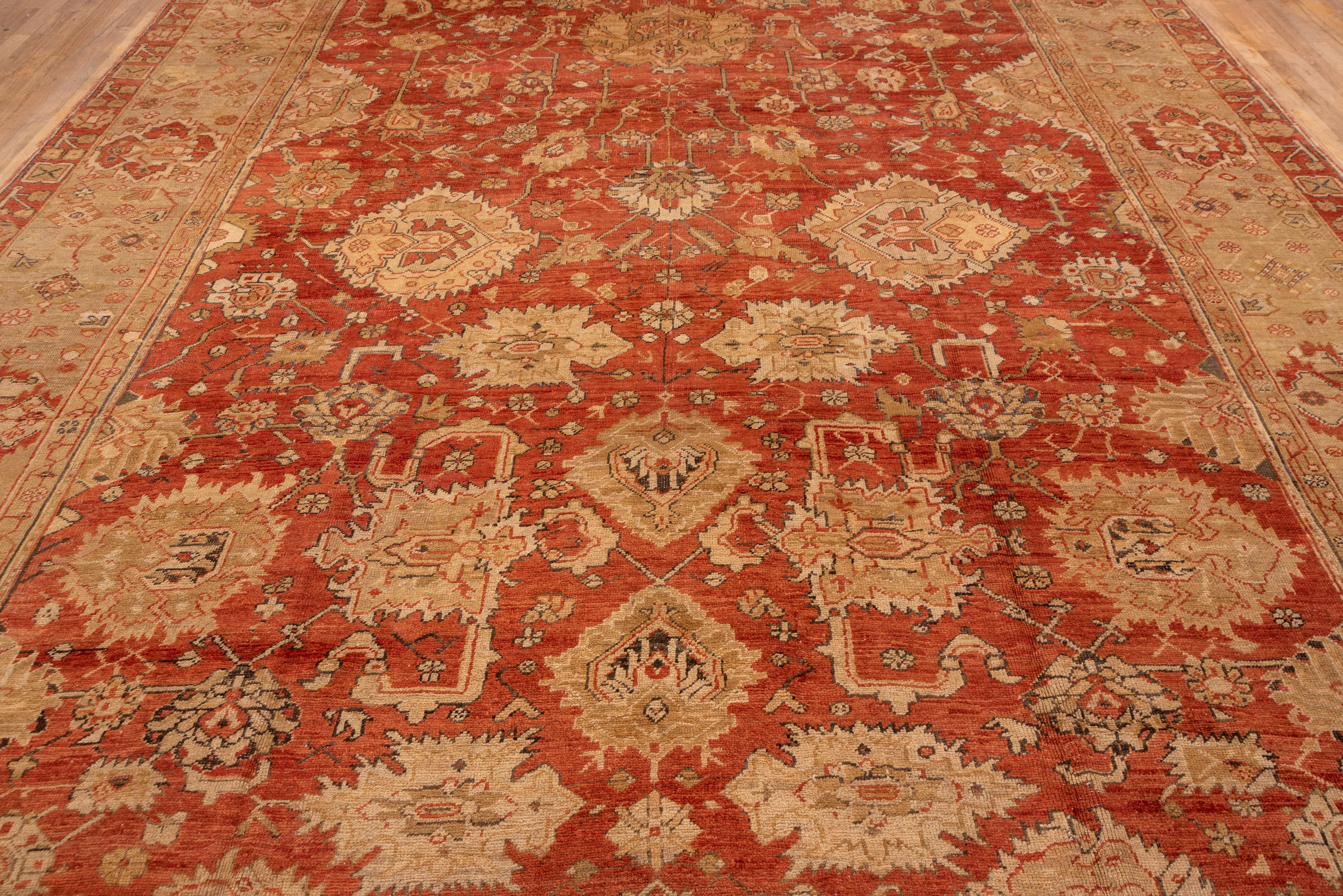 Stunning Antique Turkish Oushak Mansion Carpet, Rust Field, Pale Green Borders In Excellent Condition For Sale In New York, NY