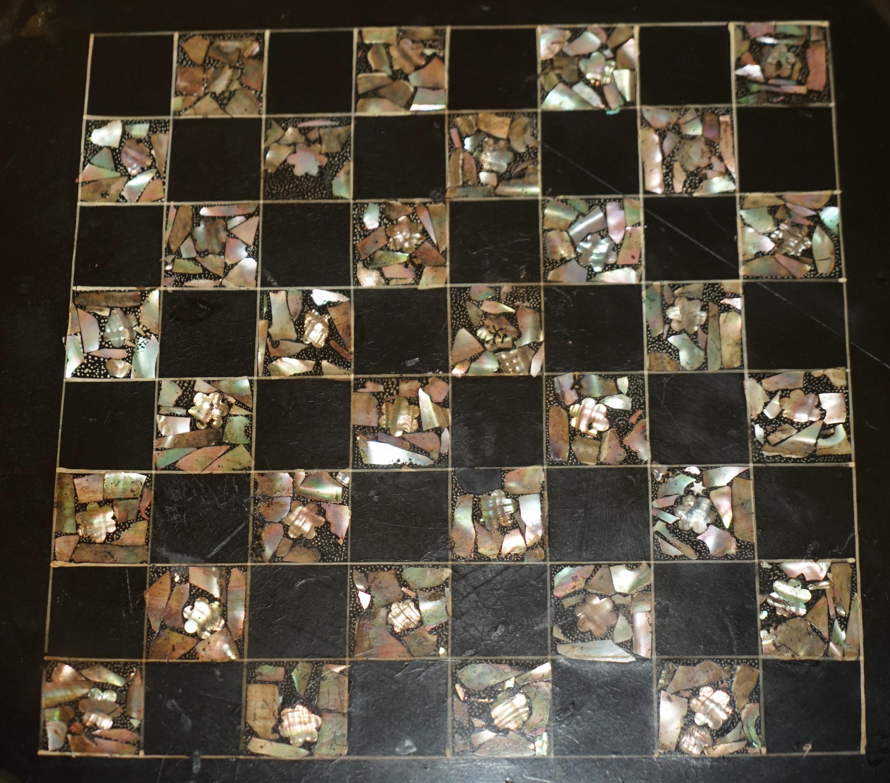 Stunning Antique Victorian 1860 Black Lacquer Mother of Pearl Chess Games Table For Sale 8