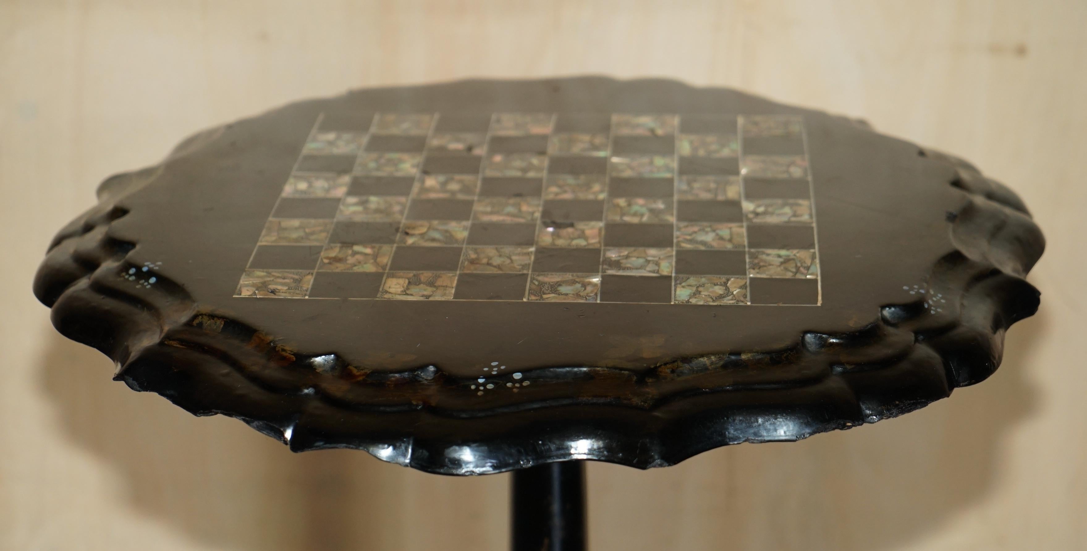 English Stunning Antique Victorian 1860 Black Lacquer Mother of Pearl Chess Games Table For Sale