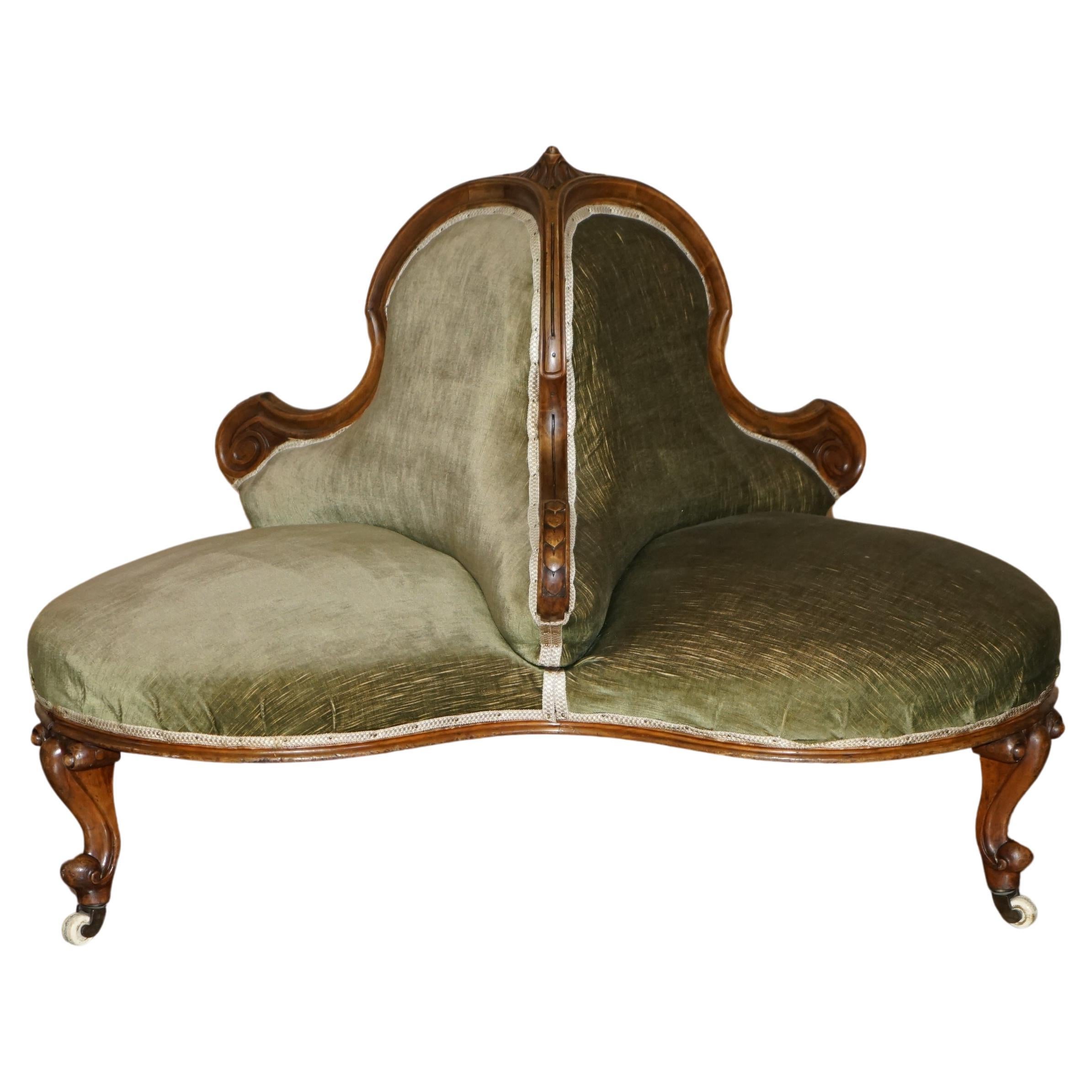 
Royal House Antiques

Royal House Antiques is delighted to offer for sale lovely Victorian circa 1860-1880, beautifully shaped “Tete a Tete” Conversation couch seat with an ornately carved Mahogany frame finished with original period porcelain
