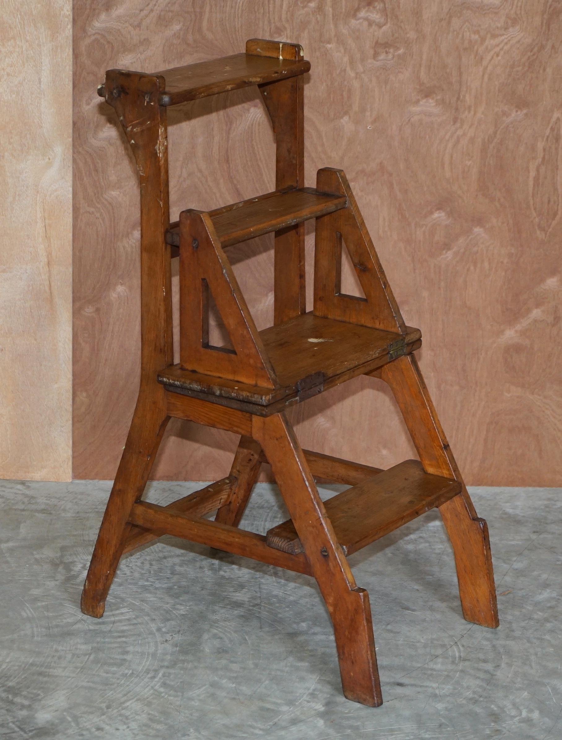 Stunning Antique Victorian 1880 English Oak Library Steps Metamorphic Chair 5