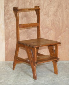 Superbe chaise métamorphique en chêne anglais à marches de bibliothèque de style victorien ancien de 1880