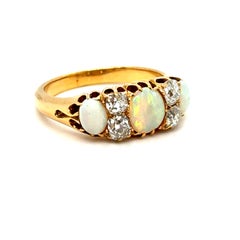 Stunning Antique Victorian 18K Yellow Gold Opal and Diamond Wedding Band Ring.