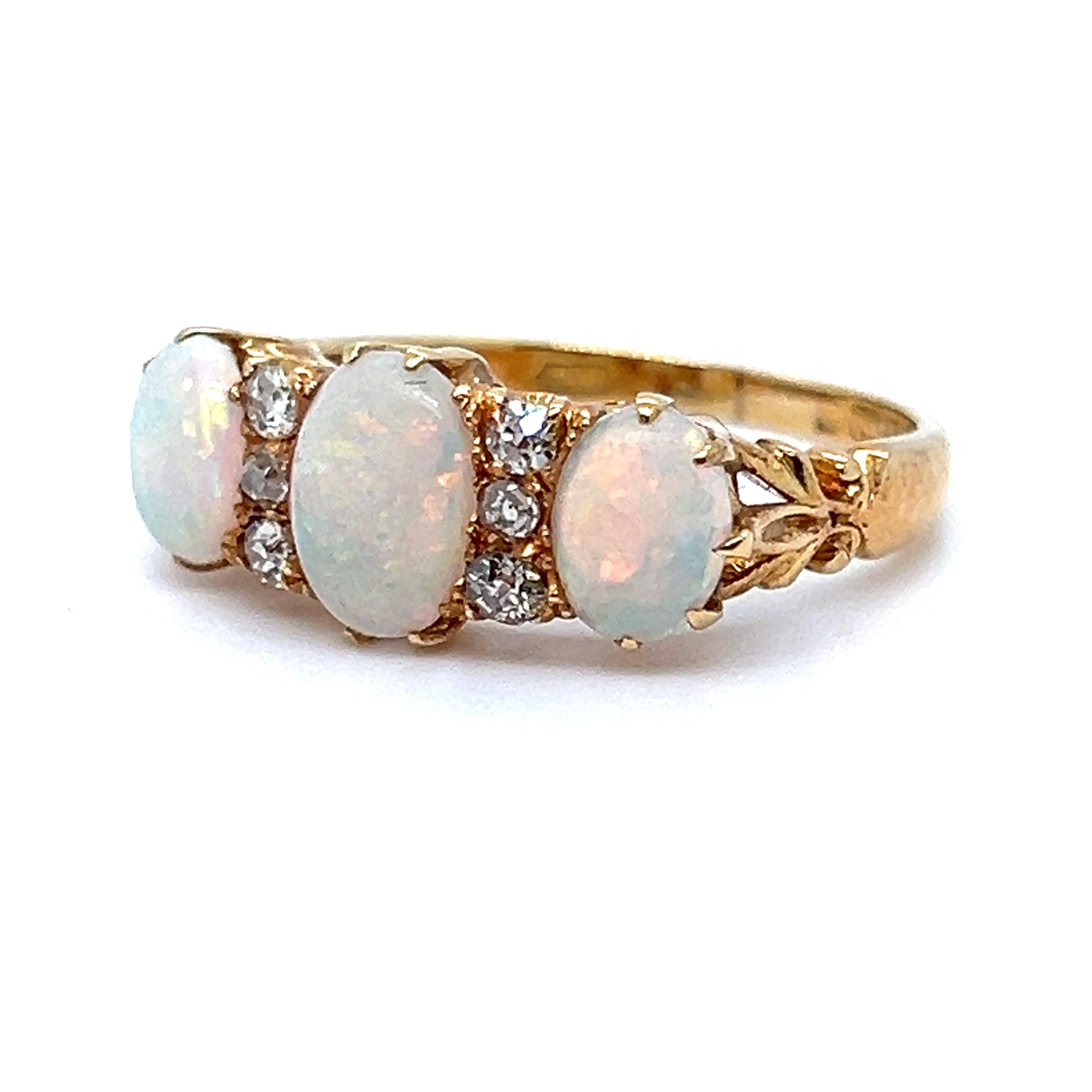 Oval Cut Stunning Antique Victorian 18K Yellow Gold Opal and Diamond Wedding Band Ring.