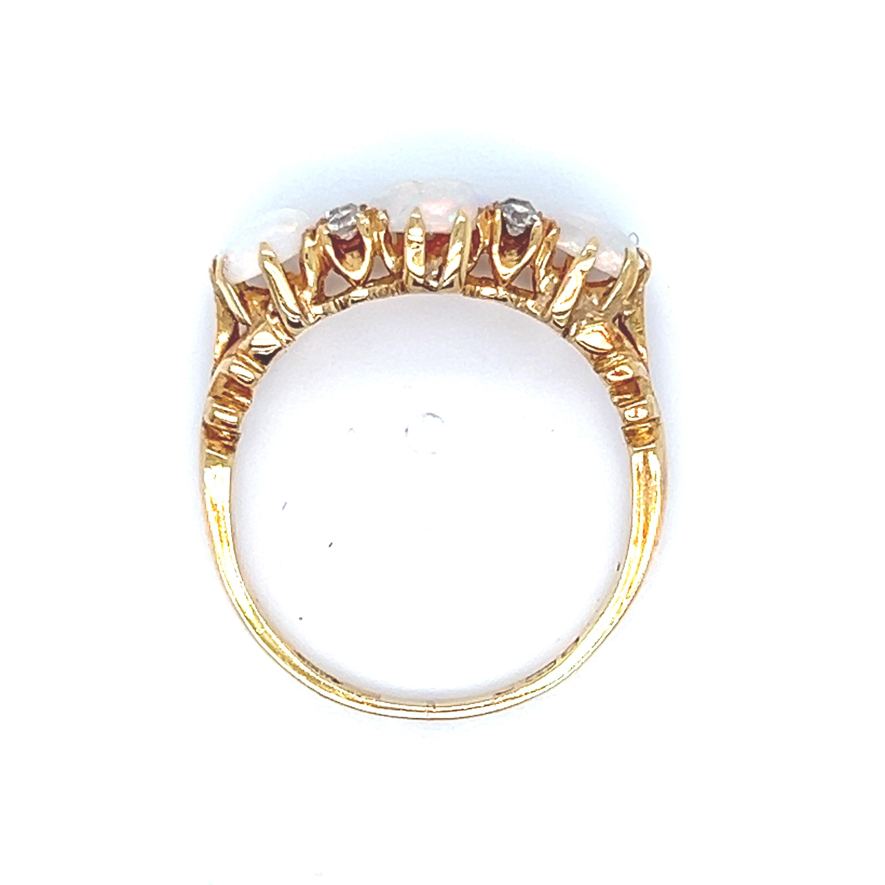 Women's or Men's Stunning Antique Victorian 18K Yellow Gold Opal and Diamond Wedding Band Ring.